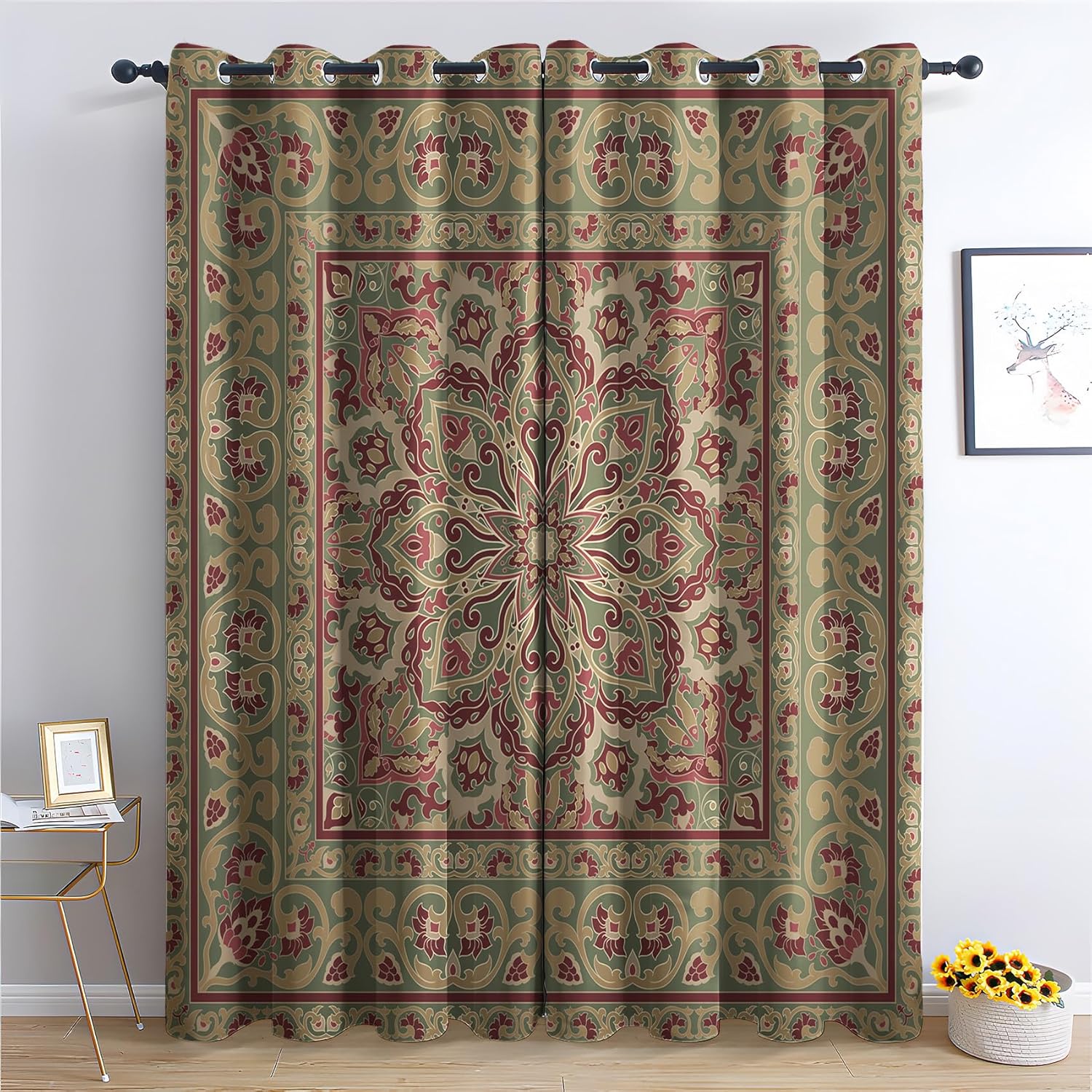 Mandala Blackout Curtains for Bedroom Living Room, Thermal Insulated Room Darkening Grommet Drapes, Bohemian Ethnic Floral Window Treatments & Home Decor, 63 Inch Drapes 2 Panel Set