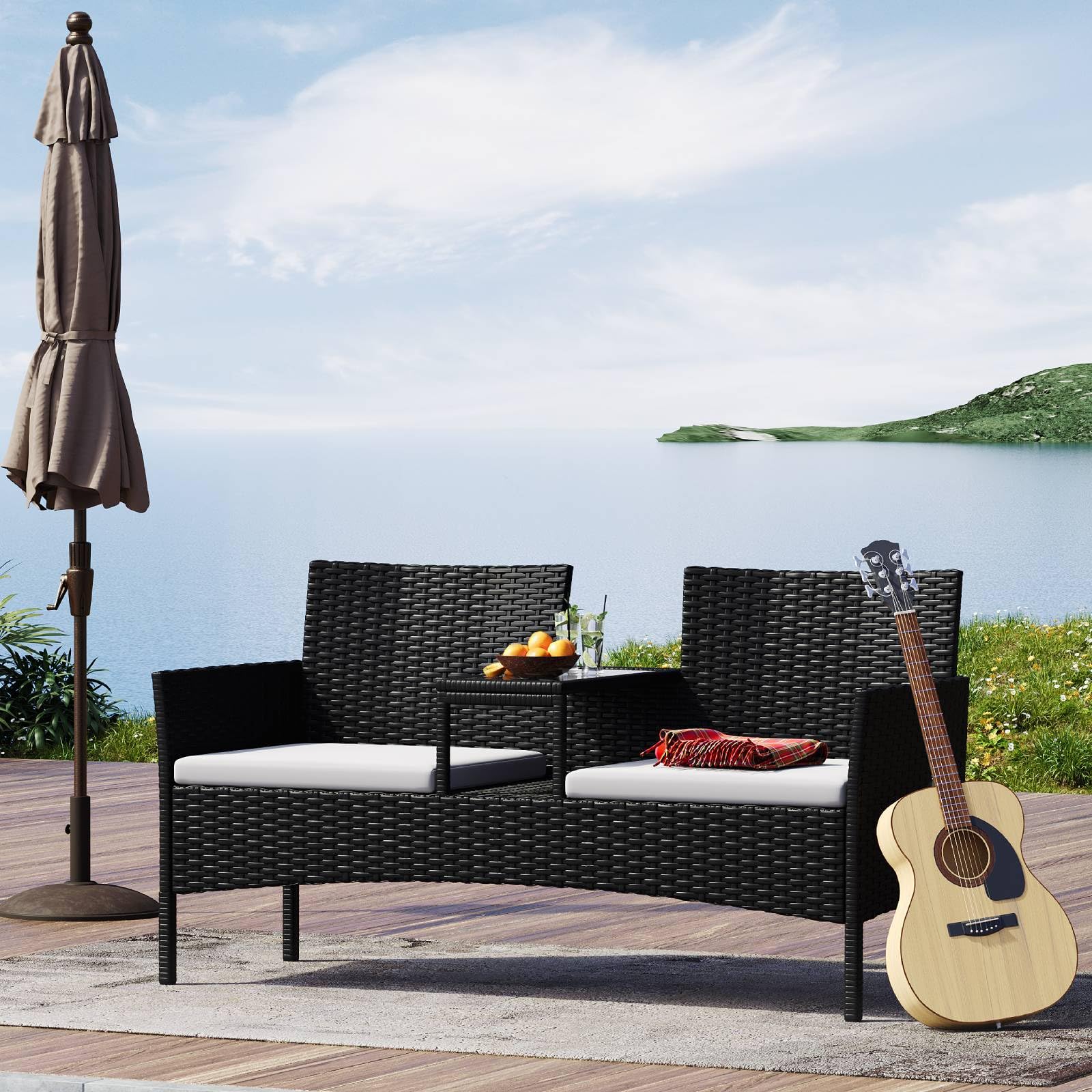 Aoxun 2 Seater Rattan Garden Bench, Wicker Loveseat Partner Companion Seat with Table and Cushions, Weatherproof Patio Furniture Set for Balcony, Lawn, Backyard, Porch, Indoor Outdoor Furniture(White)
