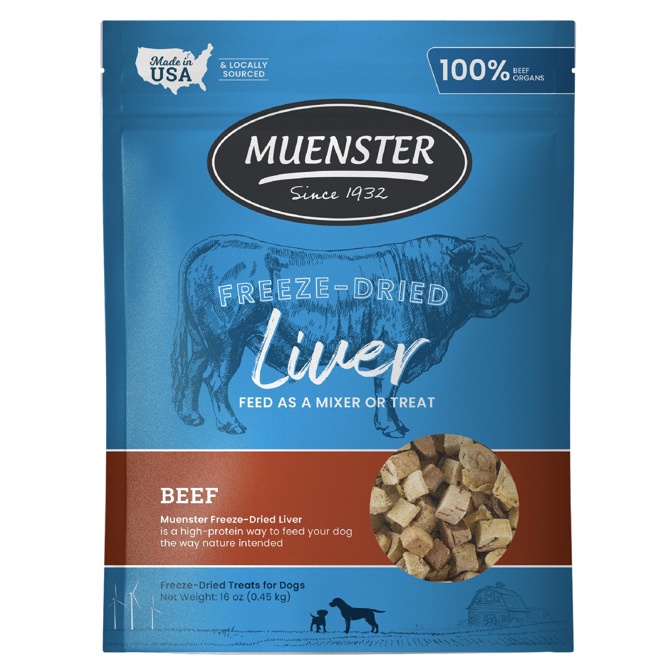 Muenster Freeze Dried Beef Liver Bites - Dog Treats, Mixer or Topper (16oz) - One Ingredient