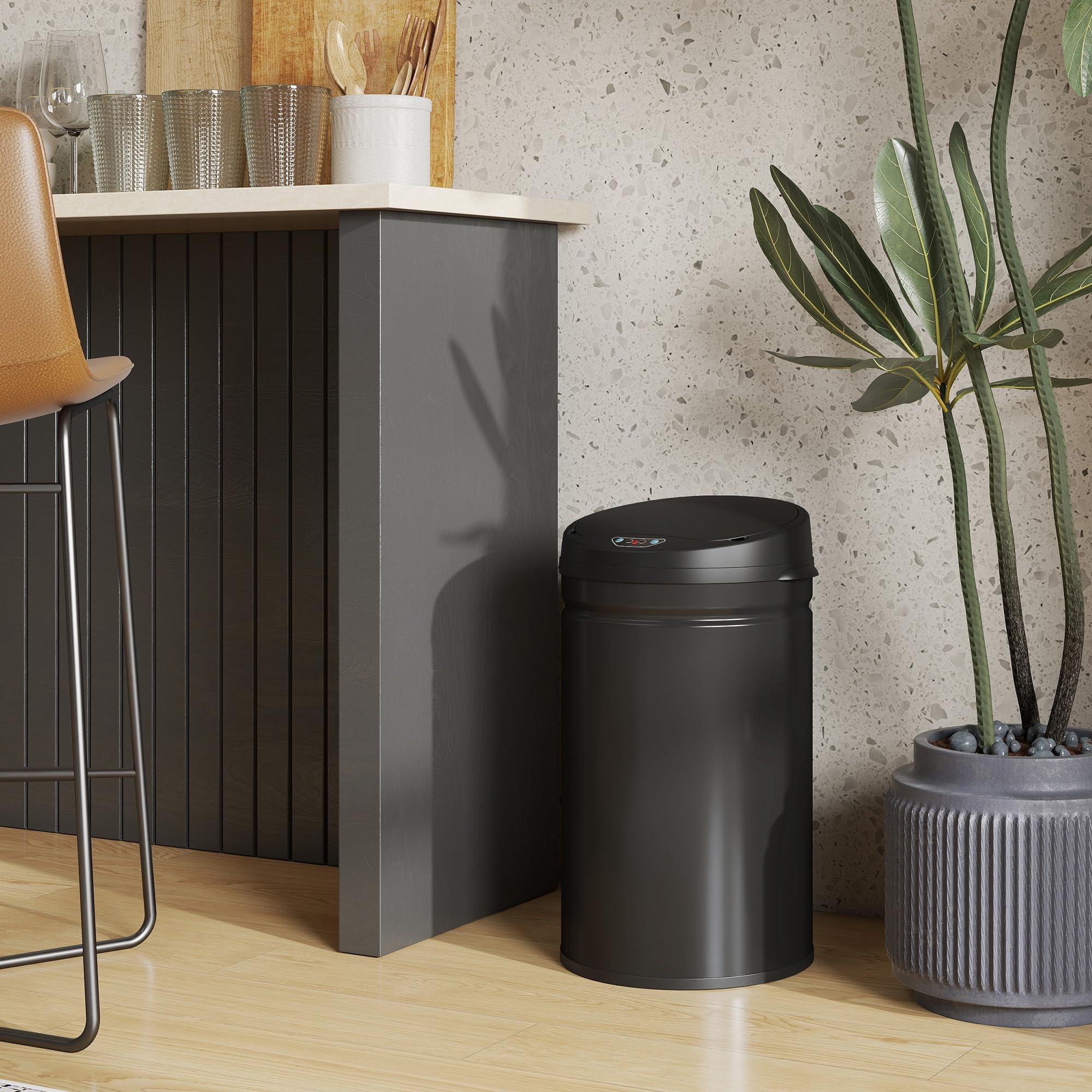 HOMCOM Cubo de Basura Cocina Automático 30 L, Sensor Infrarrojo, Negro | Papelera de Cocina de Acero Inoxidable, Cierre Automático, Antihuellas, para Dormitorio, Oficina