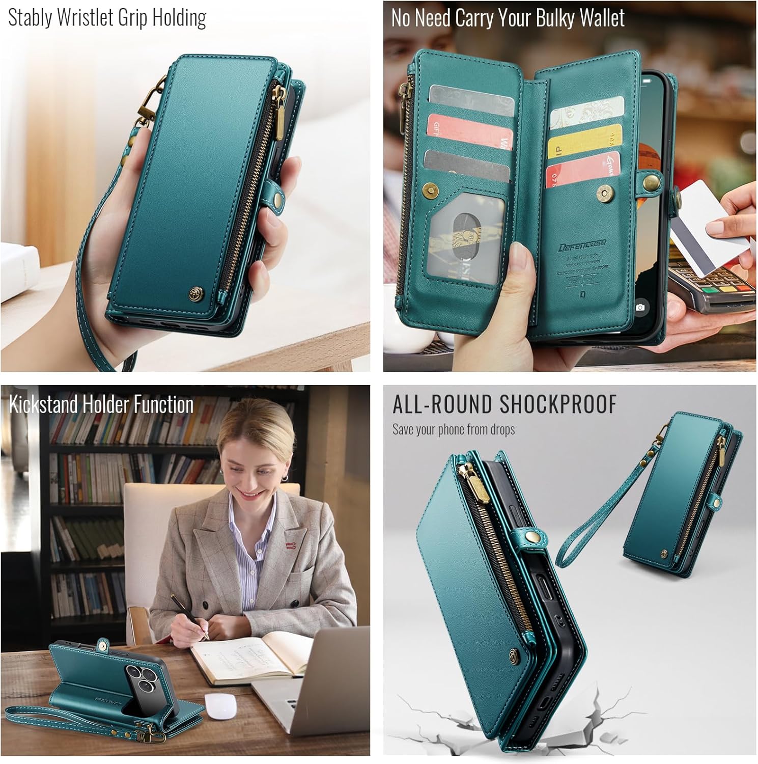 Defencase Compatible with iPhone 17 Pro Case Wallet with RFID Blocking Card Holder for Women and Men, PU Leather Magnetic Snap Flip Zipper Strap Wallet Phone Case for iPhone 17 Pro 6.3, Blue Green