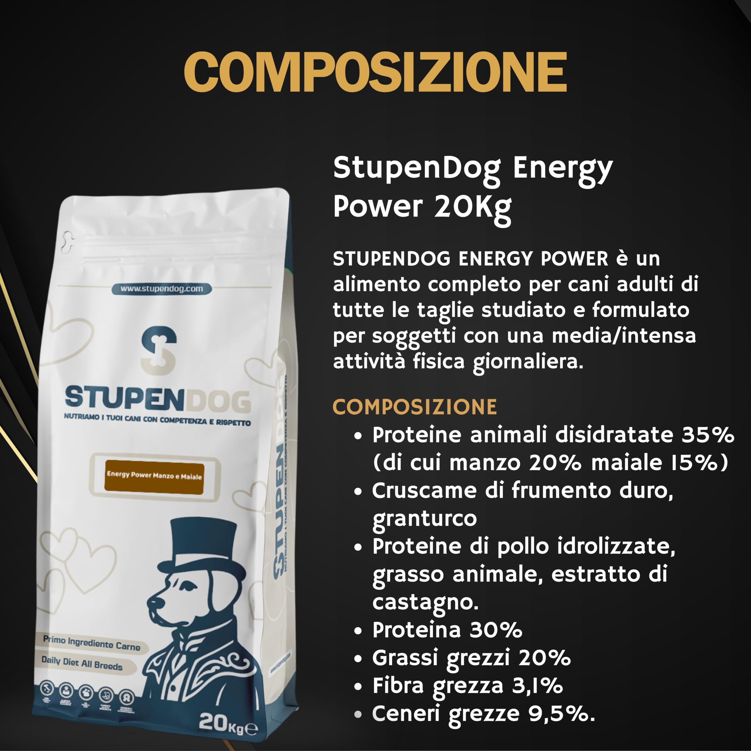 STUPENDOG Crocchette per Cani Energy Power 20kg, Croccantini Cane, Cibo per Cani Adulti Attivi - Crocchette Manzo e Maiale