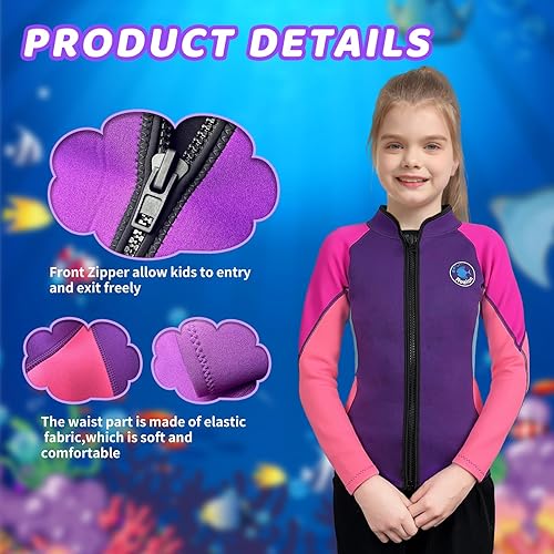 Miniatura 2 de Traje de neopreno para niños y niñas, 0.079 pulgadas, 0.118 pulgadas, manga larga, cremallera frontal, chaqueta térmica para mantener el calor,