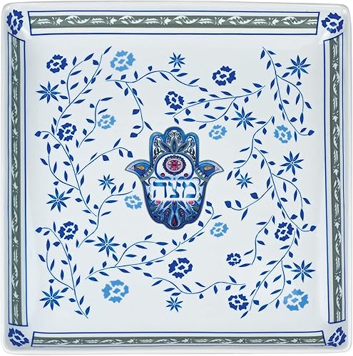 Miniatura 6 de Jessica Sporn - Juego de vajilla artística para Pascua Seder, diseño floral de hamsa, de porcelana de calidad, bandeja cuadrada de matzah, cubierta