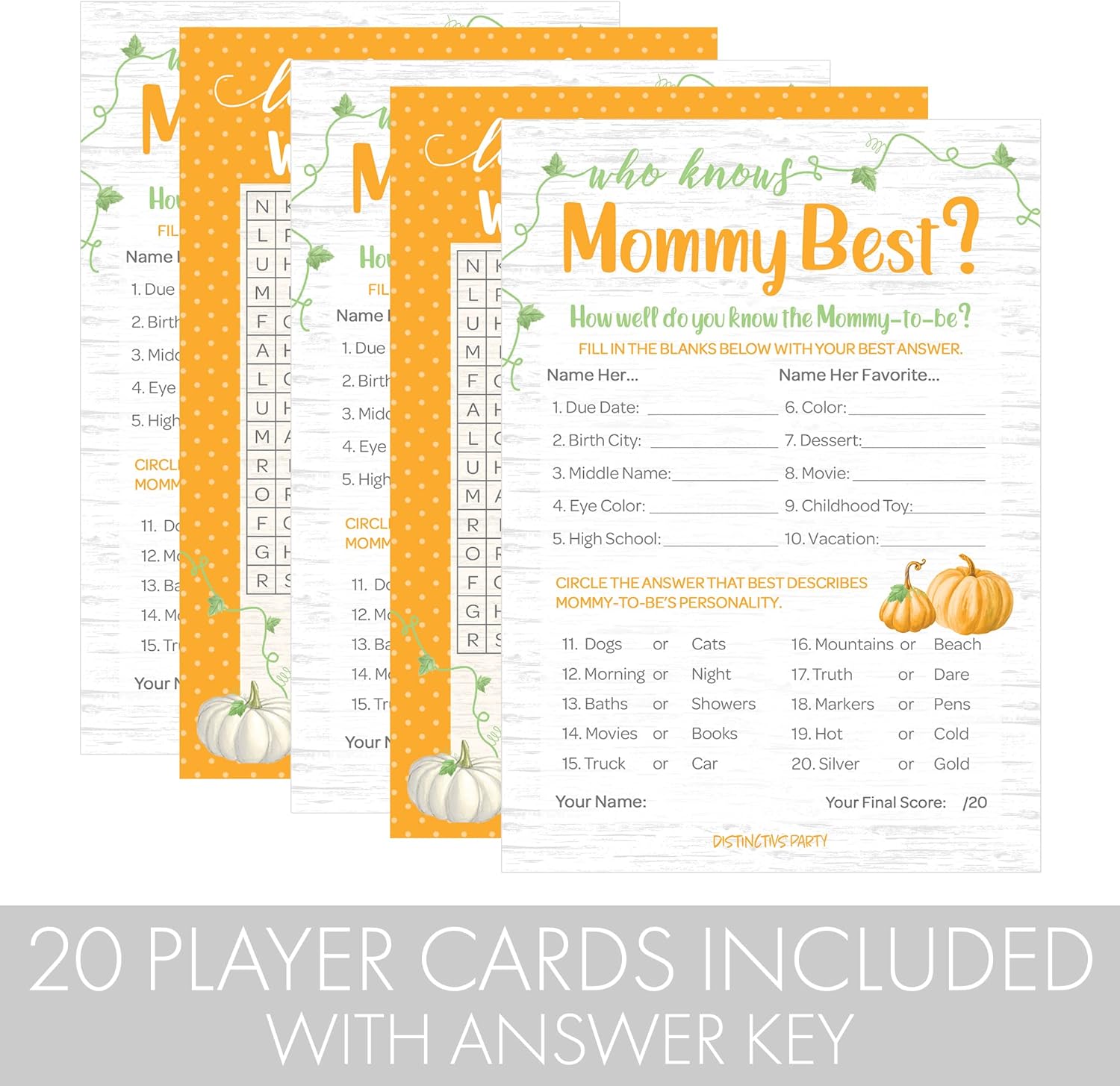 Orange Little Pumpkin Baby Shower Party Games - Who Knows Mommy Best and Word Search (2 Activity Game Bundle) - Set of 20 Player Cards : Home & Kitchen
