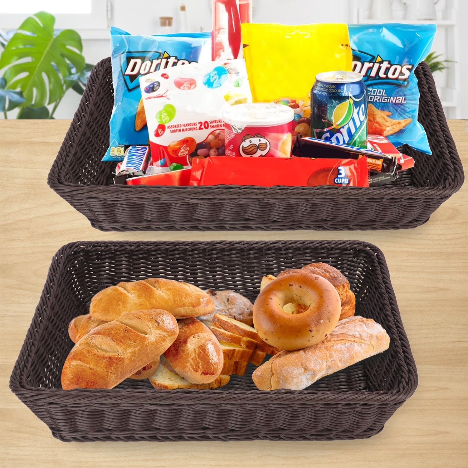 5 Pack 16 inch Poly Wicker Baskets, Coffee Large Wicker Baskets, Rustic, Durable & Easy-Cleaning Poly Bread Baskets for Home, Restaurant & Hotel Use