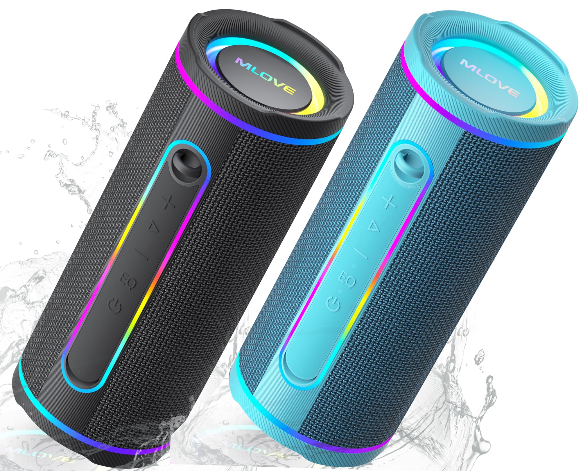 MLOVE E80 Portable Speakers Bluetooth Wireless with IPX7 Waterproof, Led Lights, Aux Input, Micro SD Card Slot, TWS, Bass Boost - Black & Blue