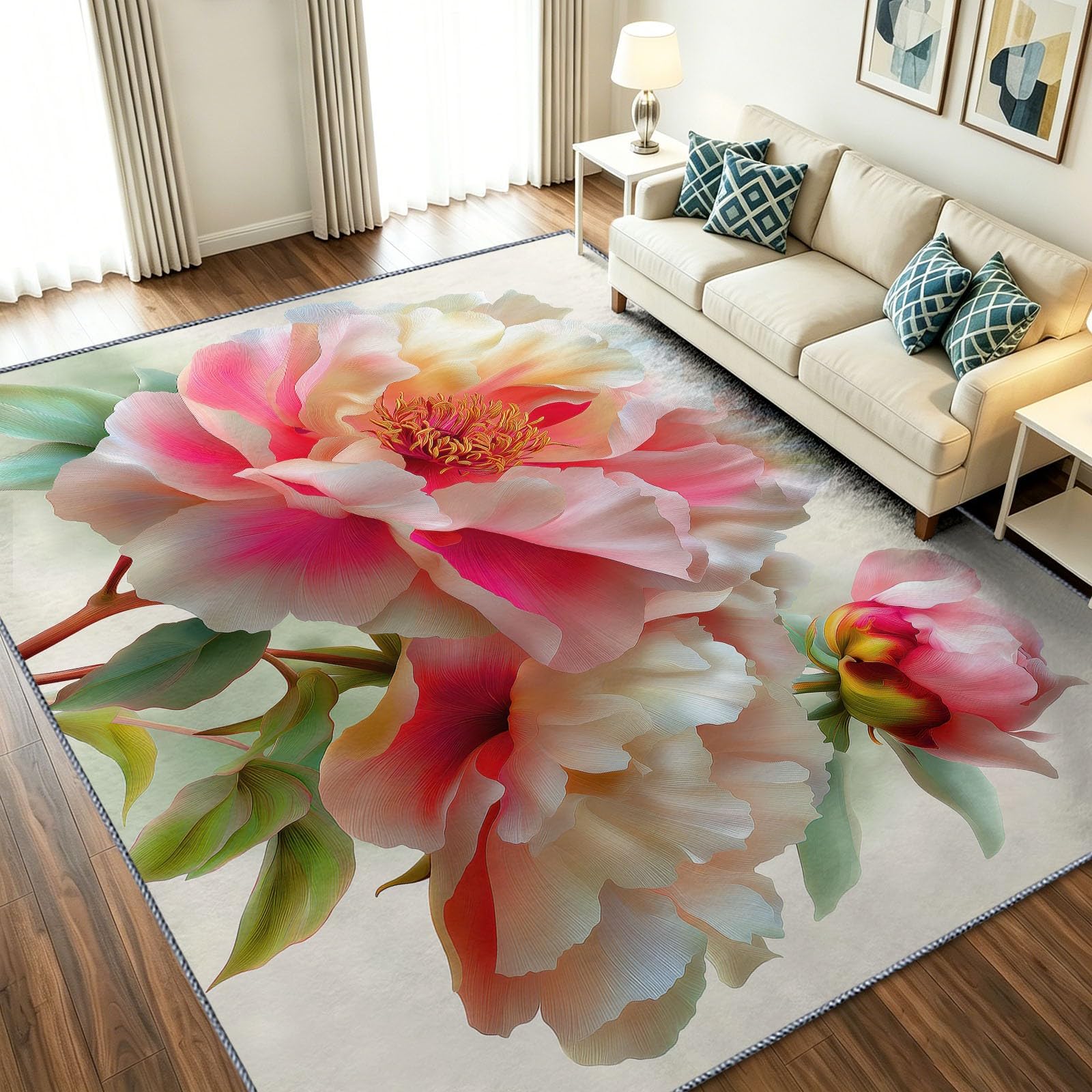 Alfombra de salón floral 120x170 cm de bajo vello y lavable con estampado de peonías