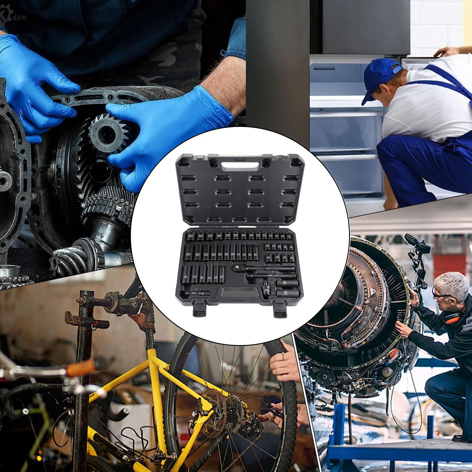 Zestaw nasadek napędowych 3/8 – 47-częściowy zestaw narzędzi mechanicznych z szybkim uwalnianiem 72-zębowy – zestaw gniazd mechanicznych, do konserwacji pojazdów, przemysłowych, domowych