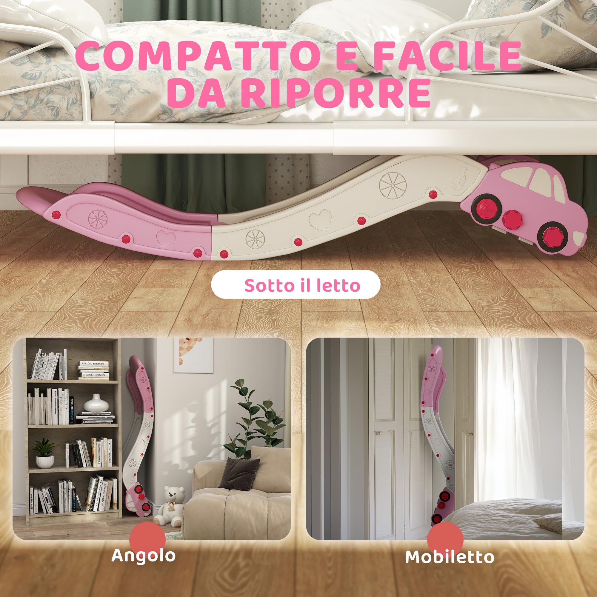 AIYAPLAY Scivolo per Bambini in HDPE con Zona di Ammortizzazione Integrata, 175x43x73 cm, per Divani, Letti e Superfici Alte 40-60 cm, Età 18-48 Mesi, Carico Massimo 30kg, Rosa
