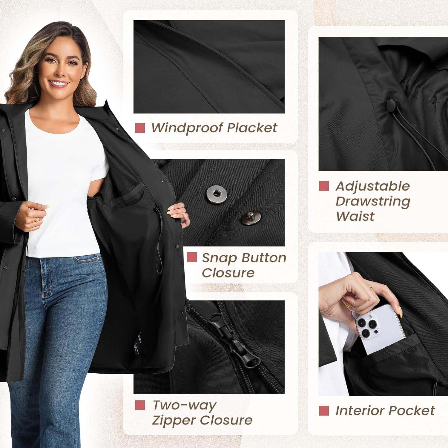 Trench Jackets for Women Lightweight Waterproof Detachable Hood Coat Windbreaker Long Sleeve Raincoats with Belt - Image 3