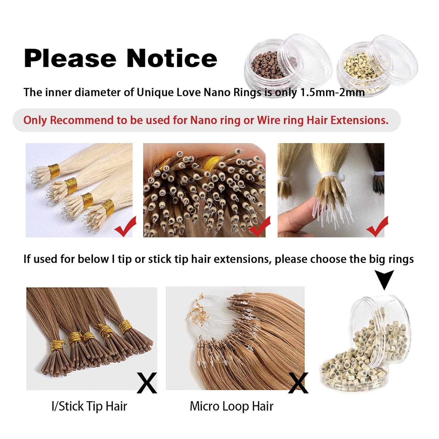 Nano Ring Micro Link Hair Extension Kit Tool with Small Silicon Lined Nano Beads(6colors,200pcs/color),a Loop Threader and a Special Hair Extension Plier for Tiny Nano Rings