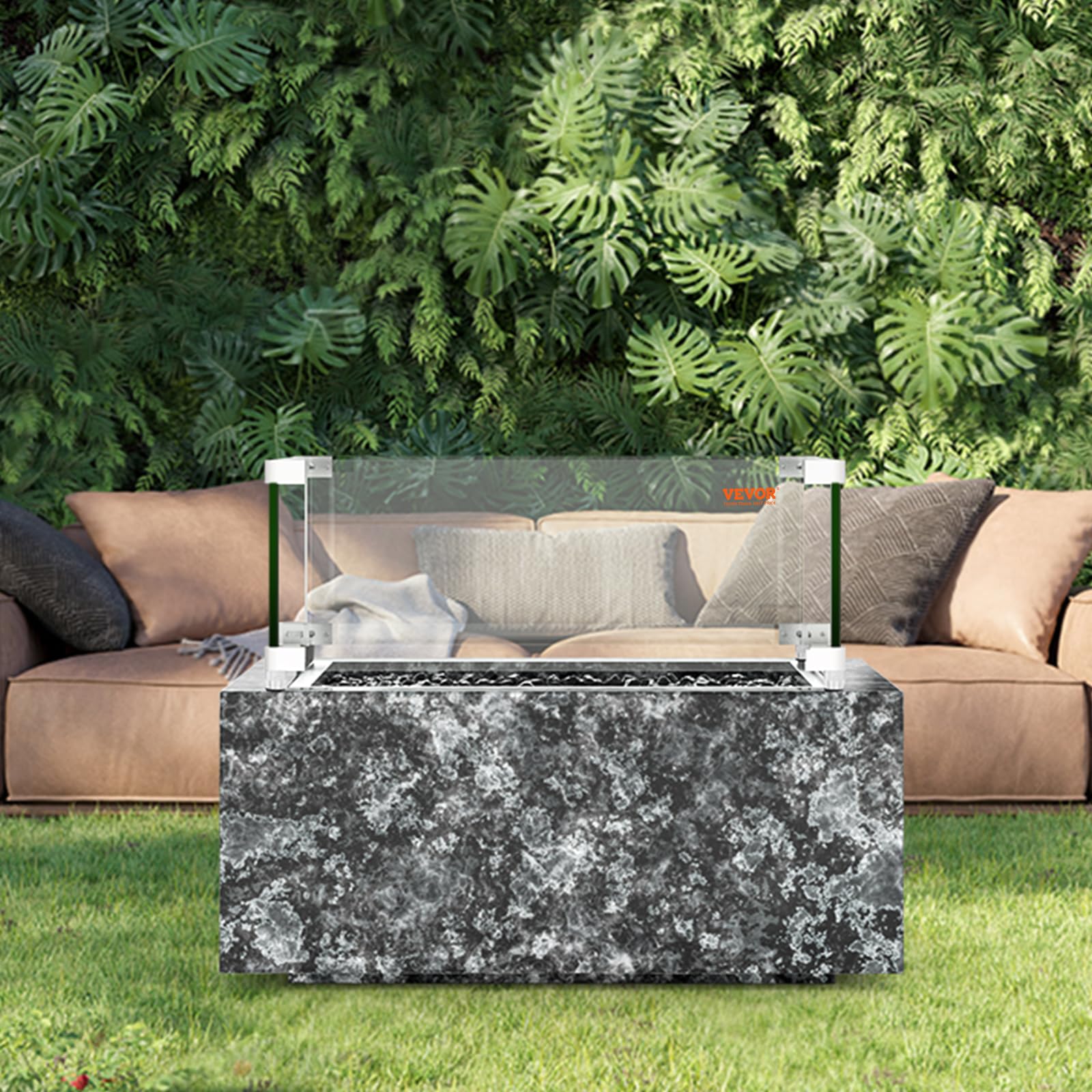 VEVOR Pare-vent pour Foyer à Gaz, 380x380x180 mm Pare-vent en Verre Trempé pour Brasero Écran de Protection Carré Pare-flamme Robuste Coupe-vent Stable Épaisseur 8 mm avec Support de Coin Dur et Pieds