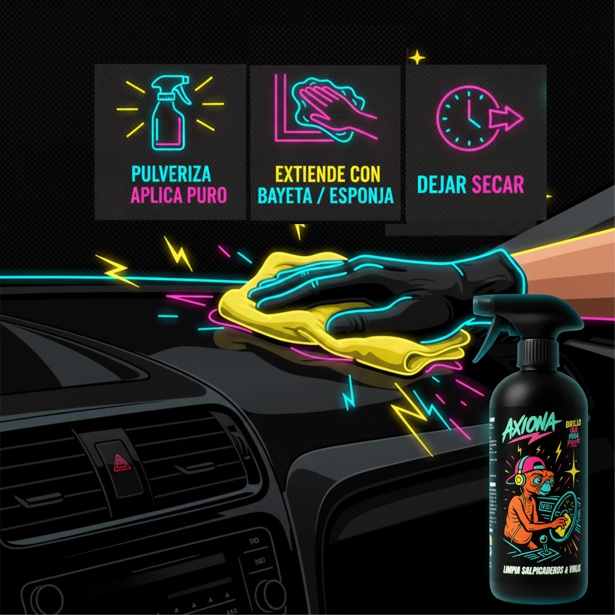 AXIONA Limpia Salpicaderos para Coche 1L, Abrillantador, Renovador Plástico | Efecto Satinado, No Graso, para Neumáticos, Vinilos, Interiores y Gomas, Car Detailing Profesional, Anti-Polvo