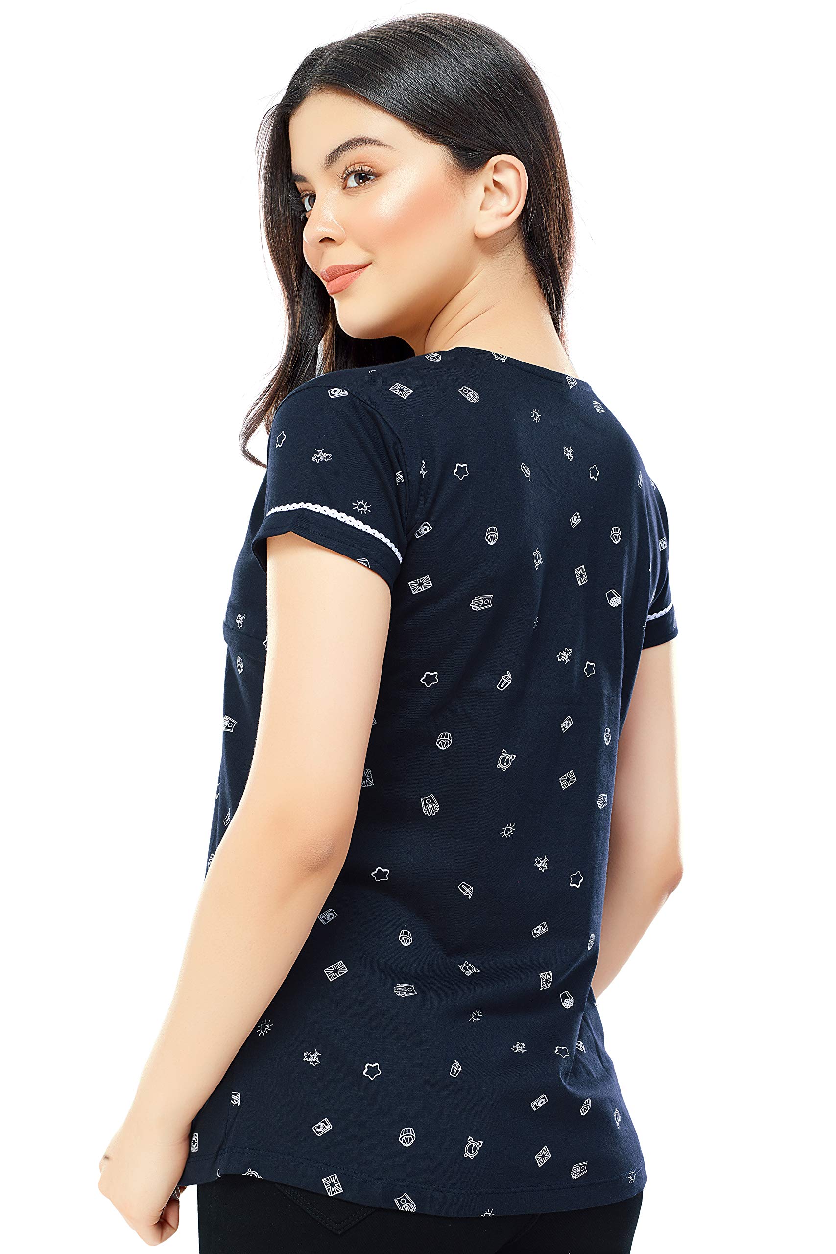 ZEYO Women's Regular Fit Cotton Maternity Navy Blue Printed Feeding Top 5344 Large 1