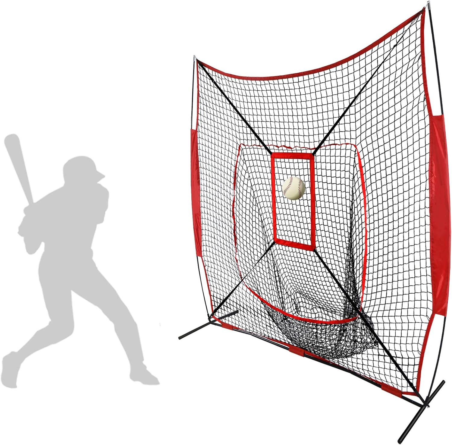 HomGarden 7' x 7' Baseball Softball Practice Net Hitting Batting Pitching Catching Training Aids Backstop Screen Equipment w/Strike Zone, Carry Bag & Bow Net Frame