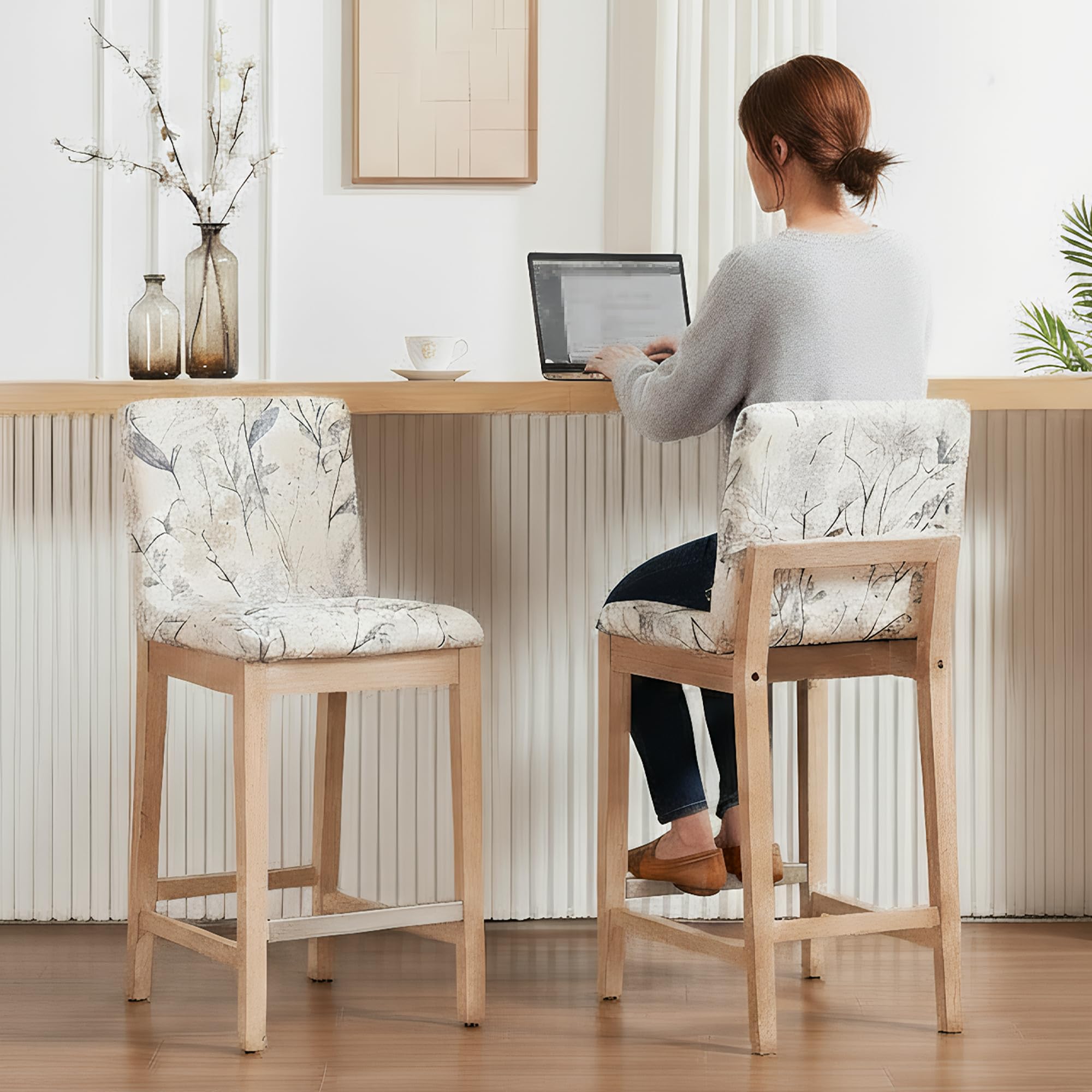 Floral Counter Height Bar Stools Set of 2 Fabric Upholstered Kitchen Island Stools with Solid Wood Legs 26" Mid Century Modern Rectangular Bar Stool for Patio/Balcony, Floral