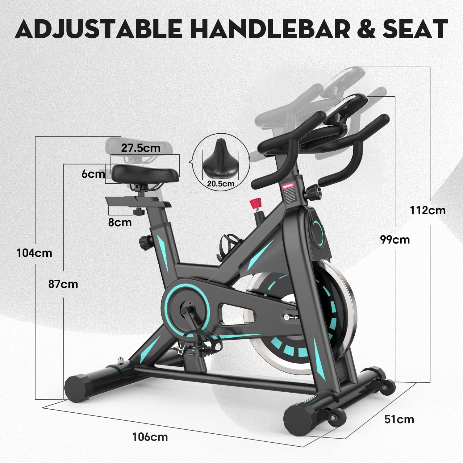 Dripex exercise bike with key dimensions highlighted, showing overall length, width, and height.