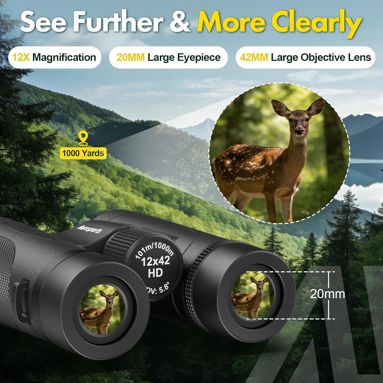 12x42 Binoculars for Adults High Powered - Aurosports Nitrogen-Purged IPX7 Waterproof HD Binoculars for Bird Watching and Hunting with BAK4 Prism Long Range Binocular Black