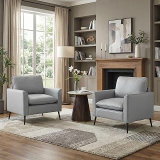 TYBOATLE Grey Faux Leather Accent Chairs Set of 2 - Mid-Century Modern Comfy Armchairs for Living Room, Office, Bedroom