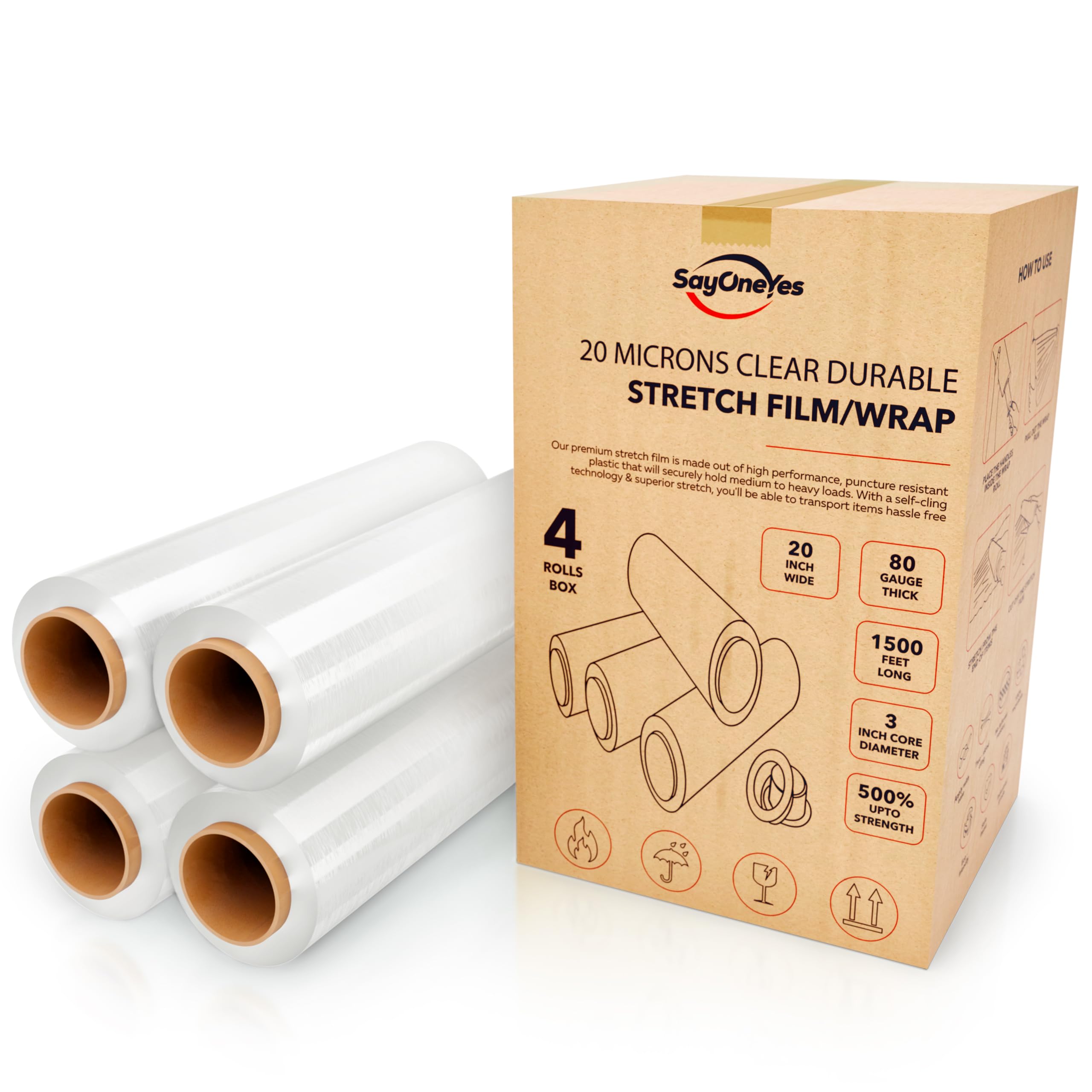 Snapklik.com : 4 Pack 20” Plastic Stretch Film Wrap Roll 80 Gauge 1500 ...