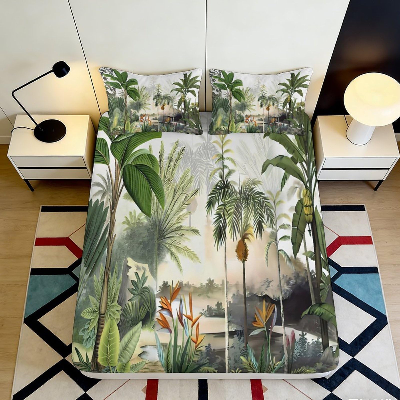 3D Printed Tropical Rainforest Fitted Sheet Microfiber Soft Green Botanical Jungle Mattress Cover for Bedroom Guest Room 160x200x25cm