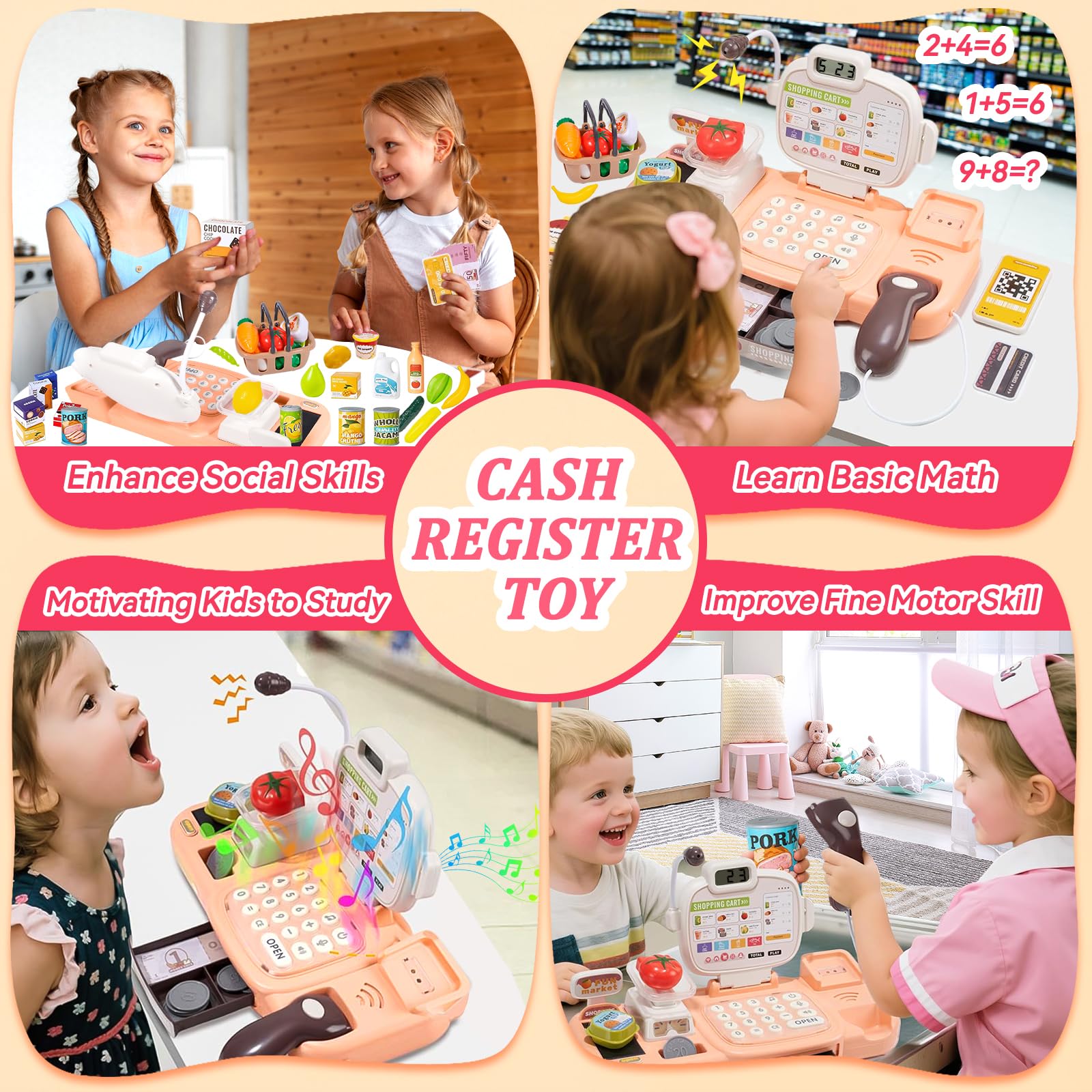 Jouet Caisse Enregistreuse pour Enfants avec Scanner et Son, Caisse de Magasin Jouet, 72 Accessoires (Calculatrice, POS, Argent Fictif, etc.) & Musique, Jeu de Rôle pour Garçon Fille de 3+ Ans