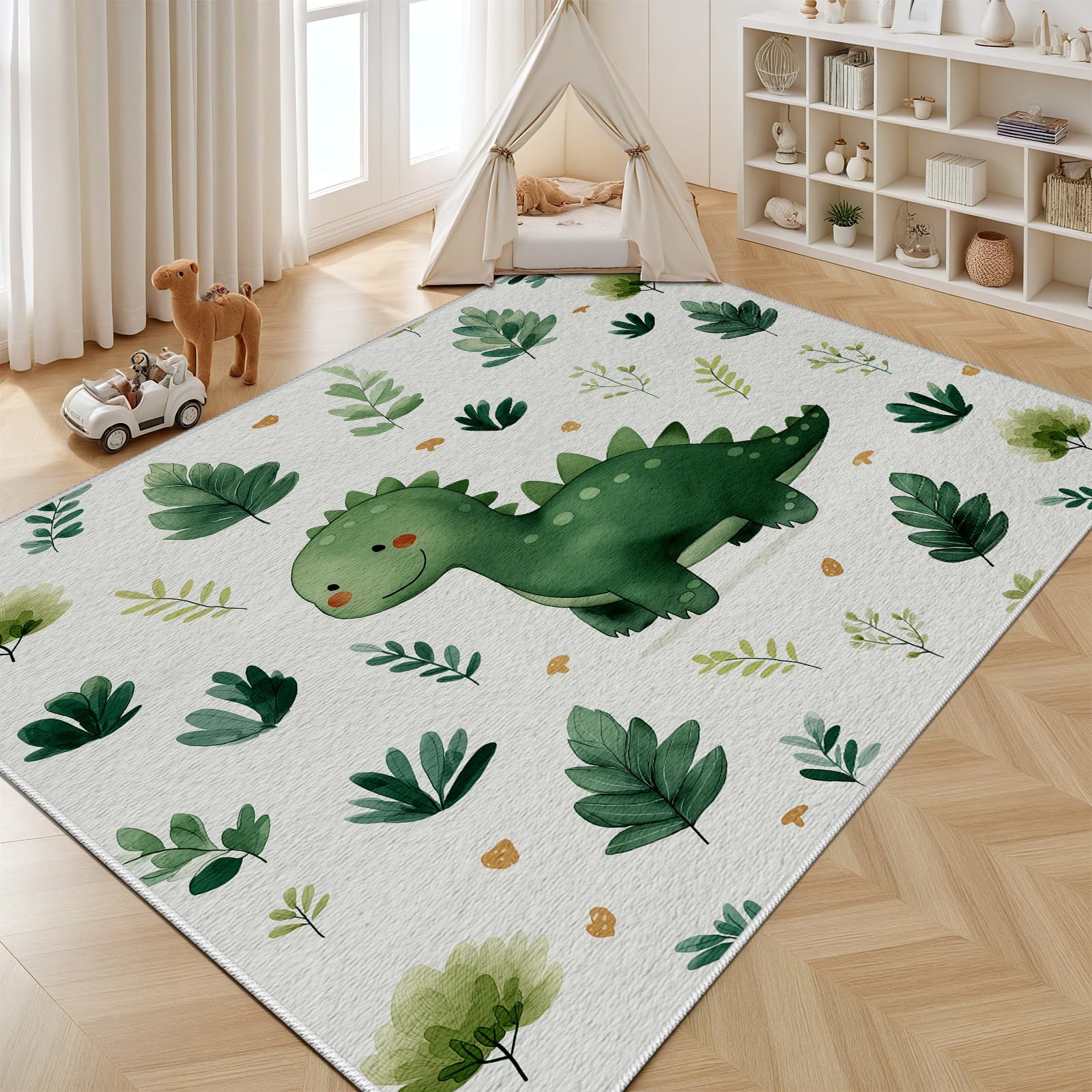 Cartoon Dino Teppich Wohnzimmer 80x150 cm, Grüner Dinosaurier Carpet Weich Kurzflor Waschbar, Jurassic Tierwelt Teppiche rutschfeste für Schlafzimmer, Esszimmer, Kinderzimmer, Küche
