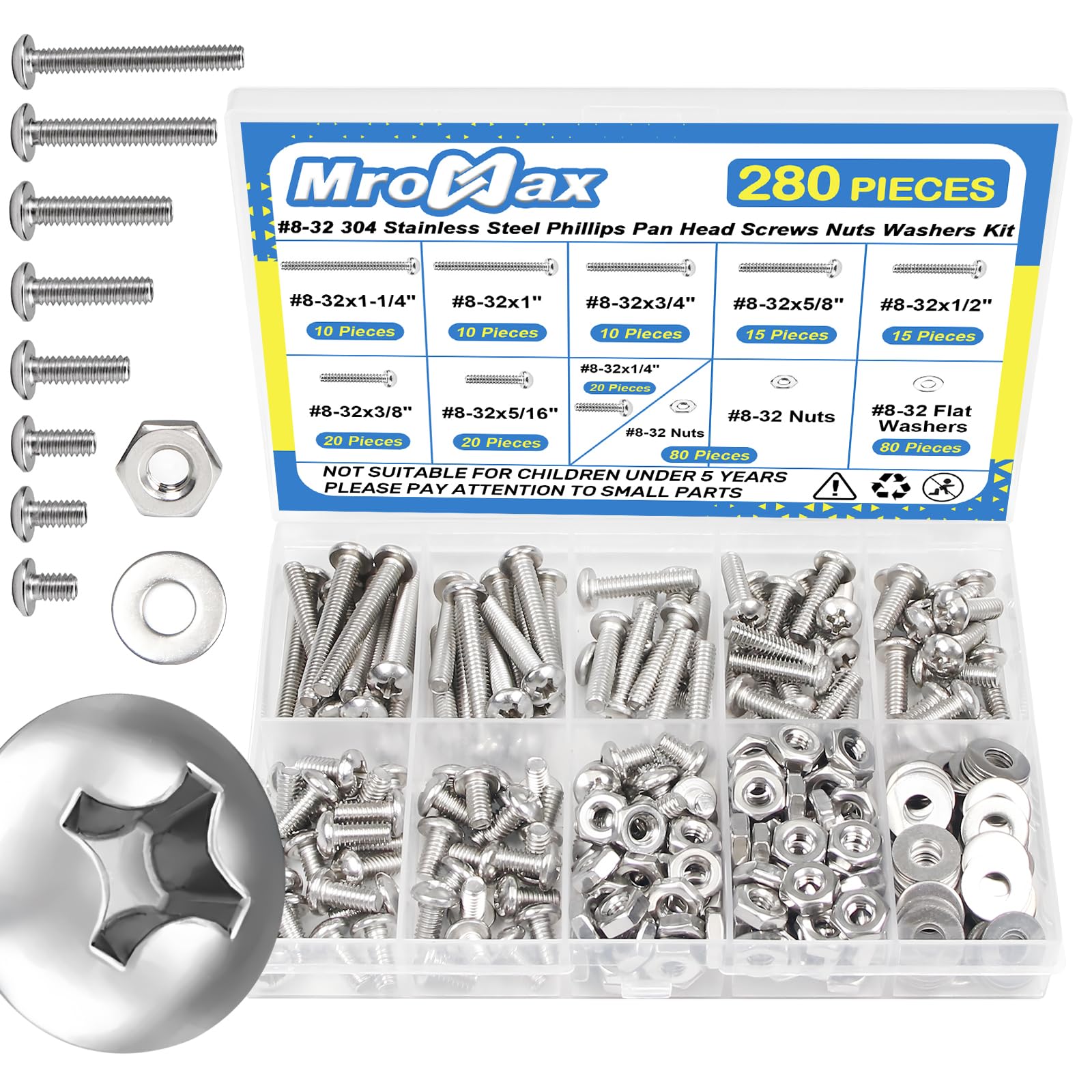 280Pcs #8-32 Pan Head Machine Screws Nuts Washers Assortment Kit, 1/4 to 1-1/4 inch Long Machine Screws, 304 Stainless Steel Screws Assorted Kit for
