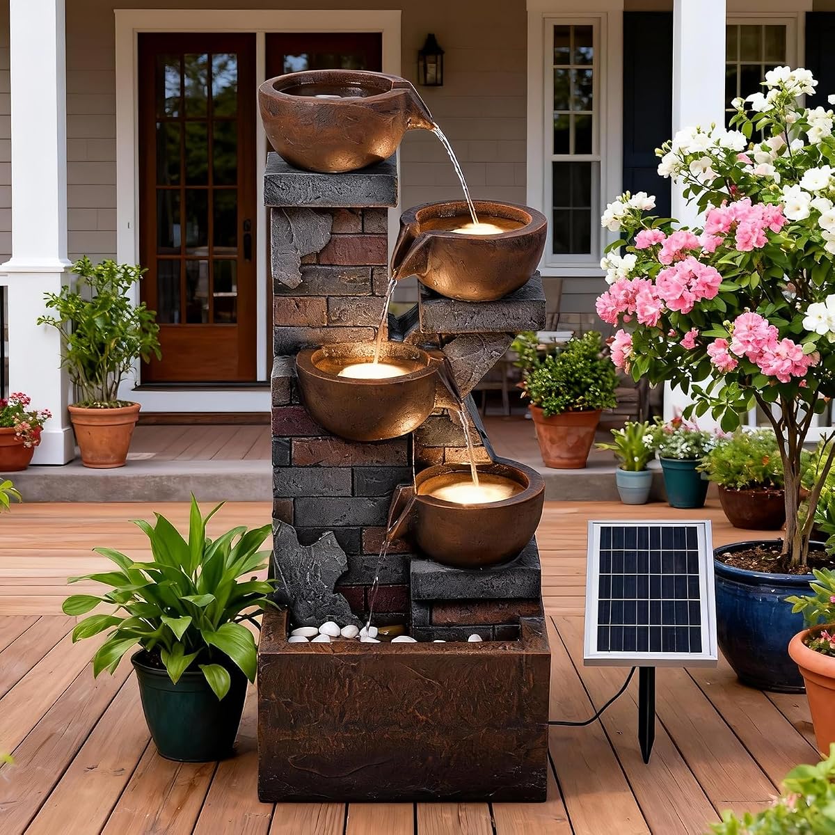 Fuente de agua solar para exteriores de 5 niveles – Fuente de cascada interior en forma de K de 33,5 pulgadas de alto con luces LED para patio, balcones, césped, terraza, porche y decoración del arte del hogar