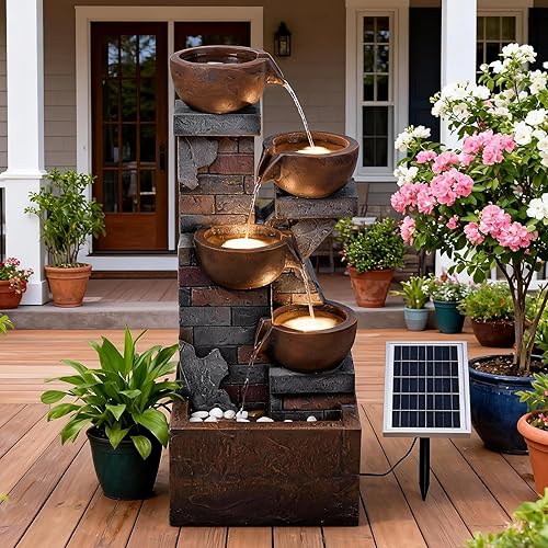 5 Tiers Solar Outdoor Water Fountain - 33.5" H Shape K Indoor Waterfall Fountain with LED Lights for Patio, Balconies, Lawns, Deck, Porch Backyard and Home Art Decor