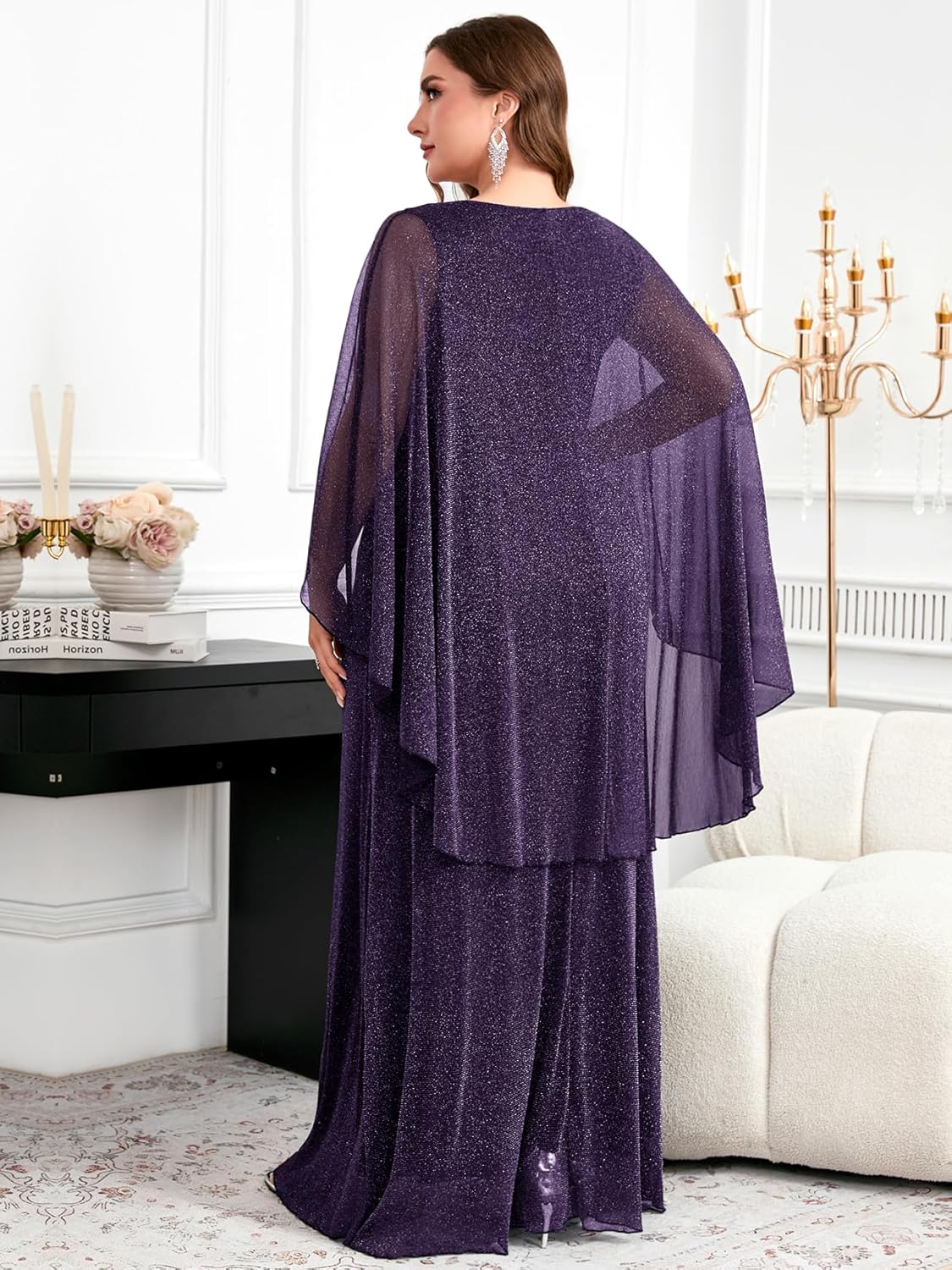 Women's Plus Size Glitter Evening Dress Long Cape V-Neck Formal Gowns Mother of The Bride Wedding Guest Dresses