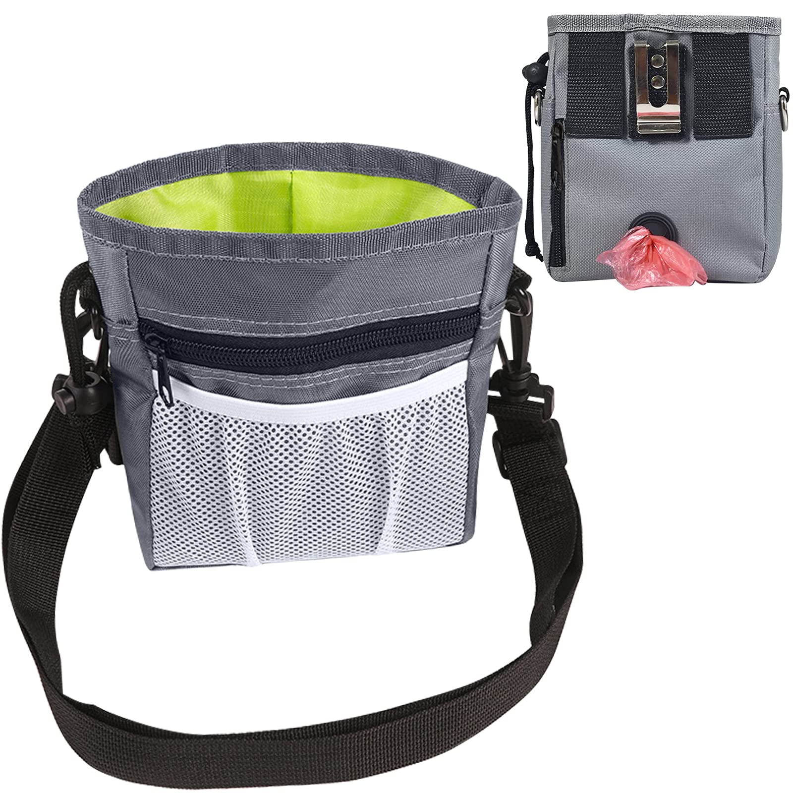 Bolsa de Entrenamiento para Perros, Bolsa Premios Perro con Ajustable Bandolera, Cinturón y Pinza de Cinturón, Práctica Bolsa para Chucherías de Perro Portátil con Dispensador de Bolsa Caca (Gris)
