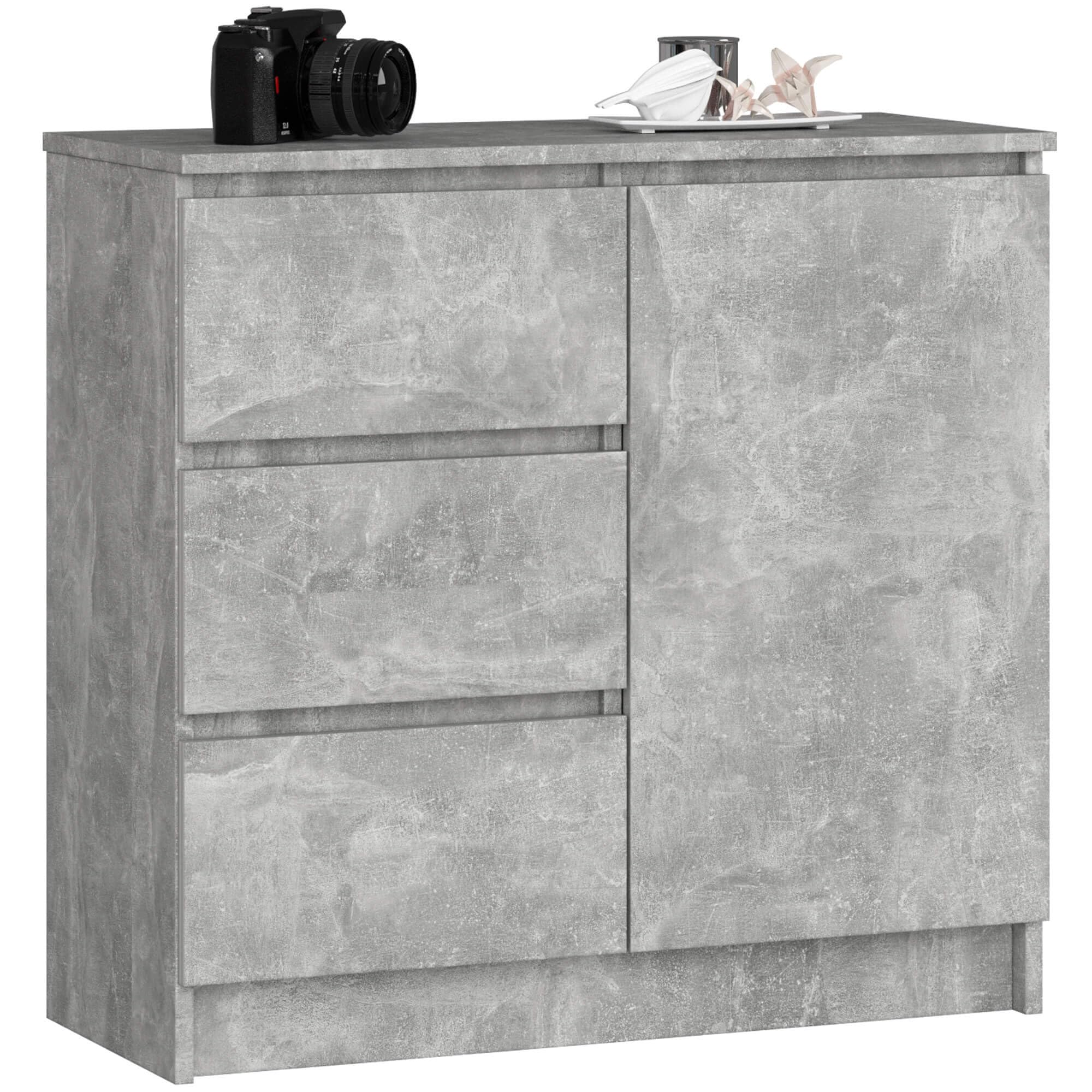 AKORD Kommode K-80 Jerry mit 3 Schubladen | Schrank mit 2 Einlegeböden und 1 Tür | Für das Wohnzimmer Schlafzimmer | Moderne | 16mm Laminierte Platte | 80x77x35 cm | Beton + Beton Front