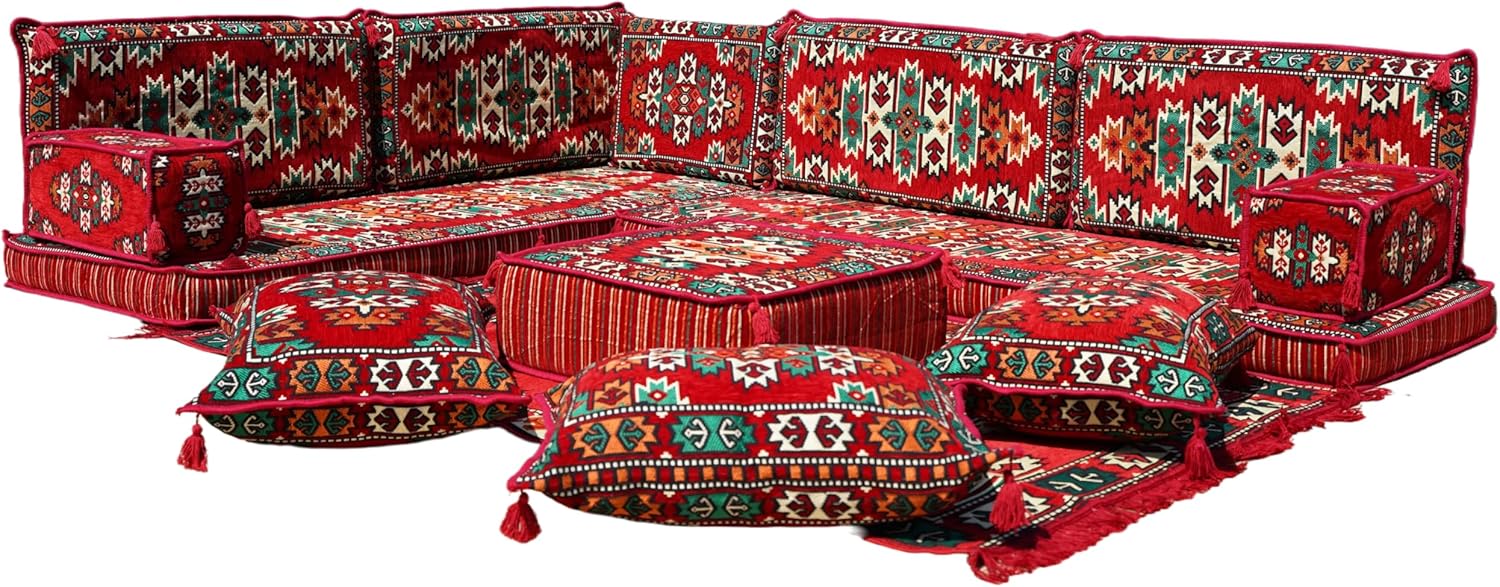 arabicsofa Traditional Red L Shaped Arabic Seating – Corner Sofa with Backrest Pillows