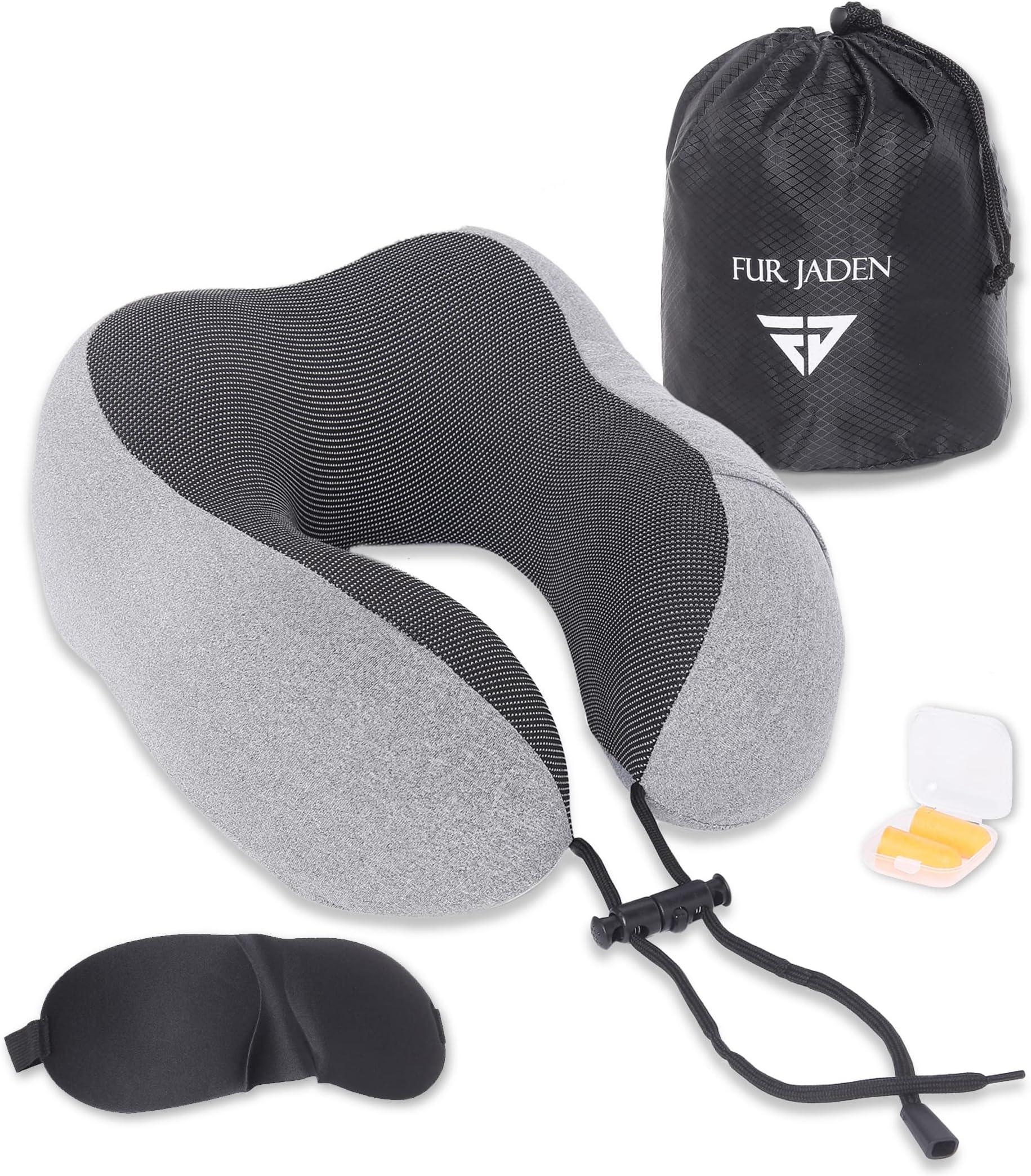 FUR JADENFUR JADEN Memory Foam Luxury Travel Neck Support Rest Pillow Eye Mask, Noise Isolating Ear Plugs Portable Combo (Grey)