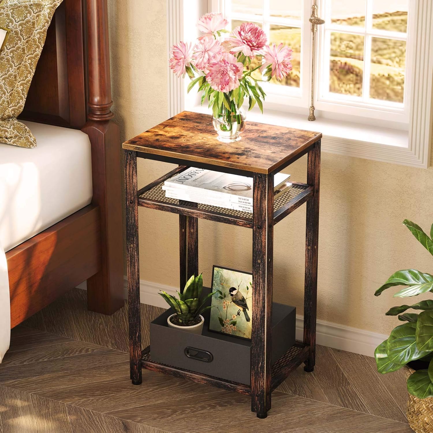 Rolanstar Tall Side Table, Telephone Table with Storage Bin, Industrial End Table with Height Adjustable Mesh Shelves and Stable Metal Frame, Retro Nightstand, Rustic Brown