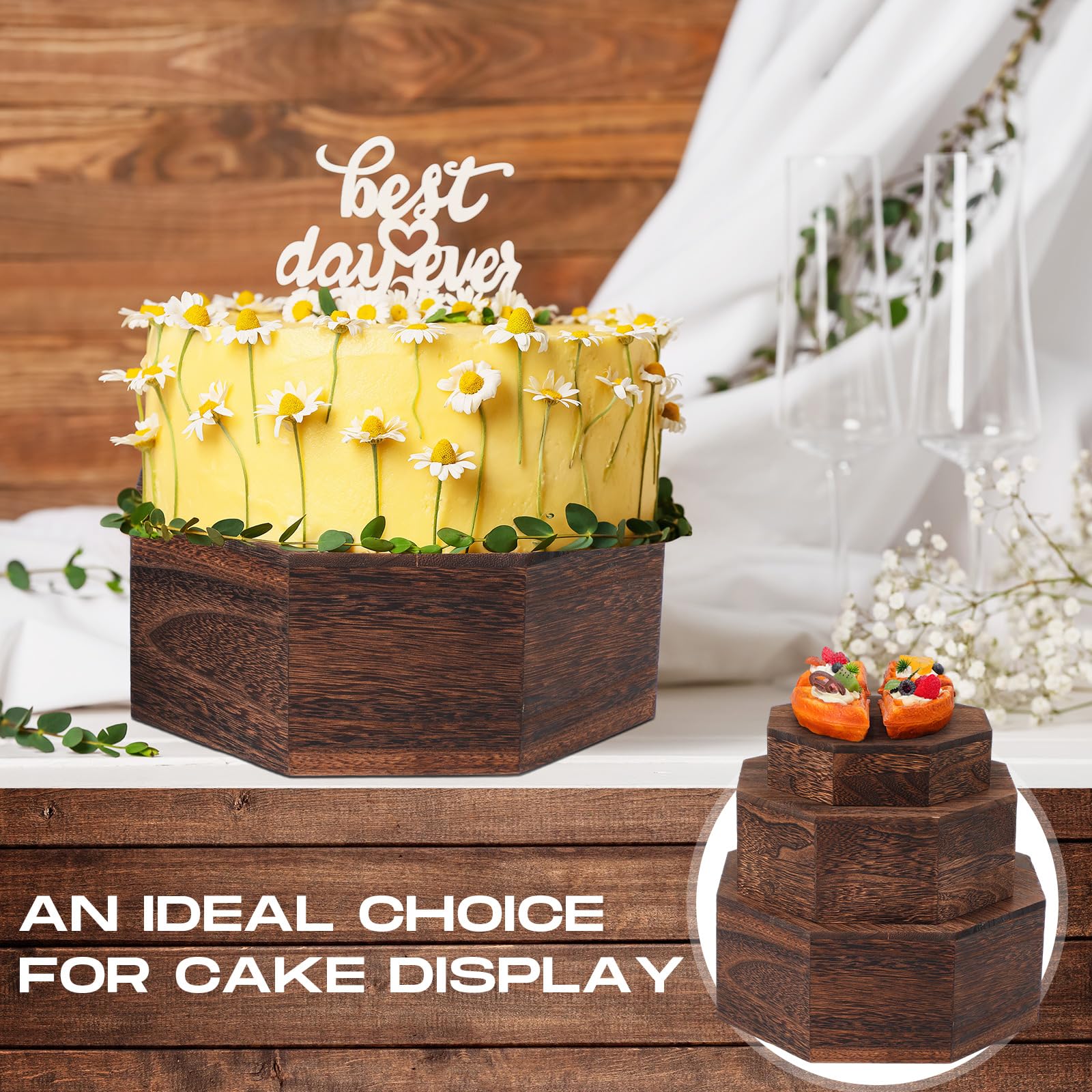 Menkxi Juego de 3 elevadores octangulares de madera, 3 tamaños diferentes, soporte para cupcakes, soporte de postre rústico blanqueado, caja de exhibición apilable para boda, cumpleaños, baby shower,