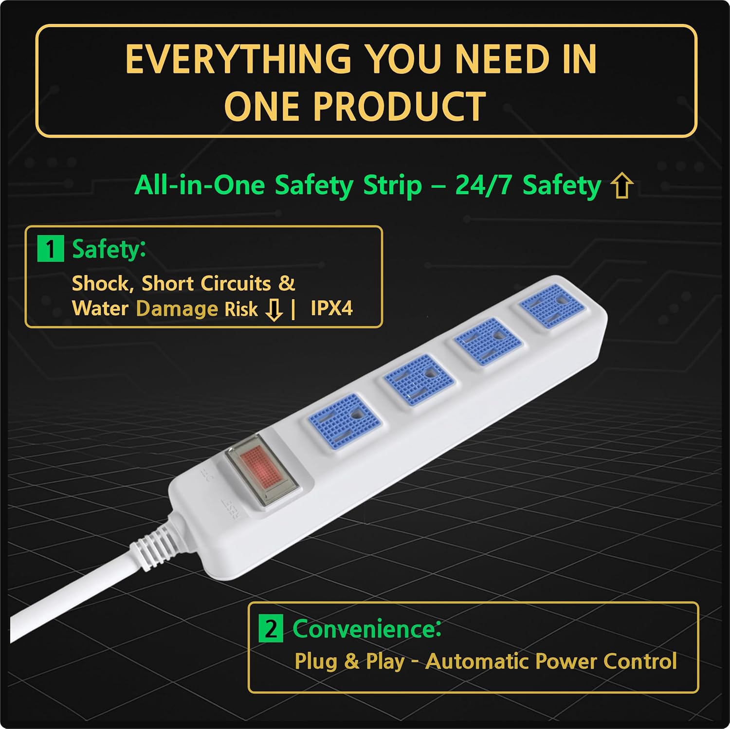 Auto Shut-Off Safety Power Strip, IPX4 Waterproof, Electrical Safety, Patented, ETL Listed, 4 Outlet Flat Plug, Black,5ft Cord, V0 Fire-Retardant, Overload Protection, Home & Kitchen Daily Use, S.O.V