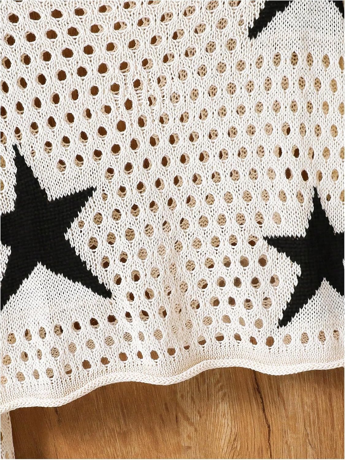 SHENHE Girl's Crochet Hollow Out Knit Top Y2K Star Graphic Crew Neck Lightweight Sweater Pullover