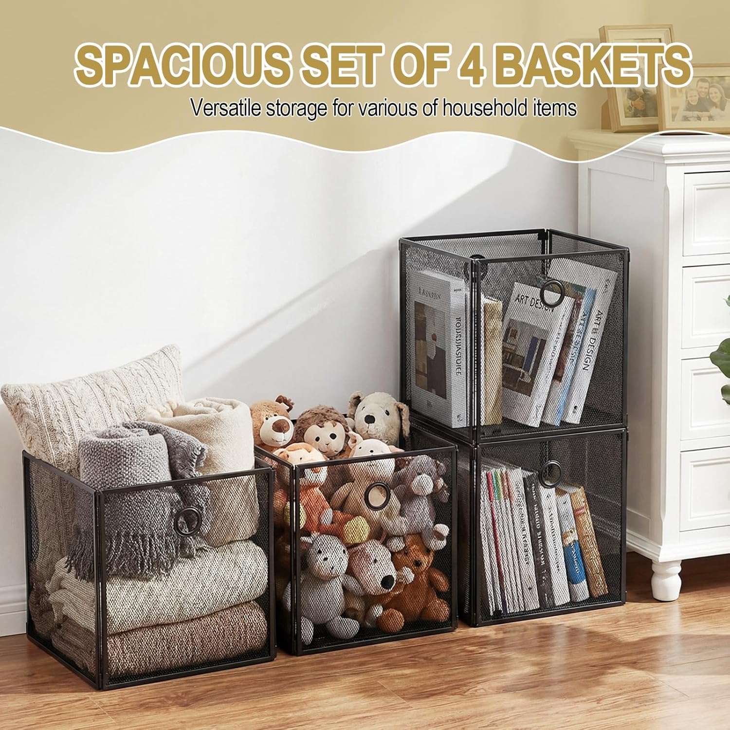 4 Pcs Foldable Metal Cube Storage Baskets 13x13 Inch Wire Bins with Handles for Graduation Gift, College Dorm Moving, First Apartment Organization, Bathroom Pantry Closet (Black)