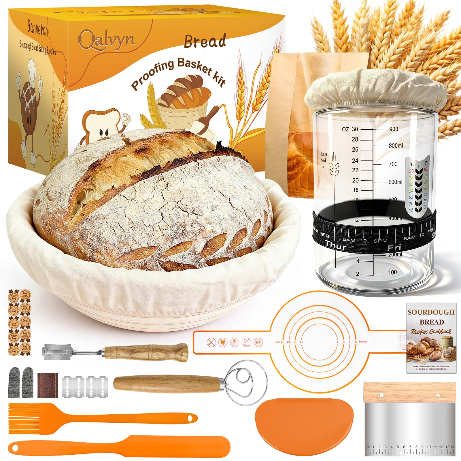 Complete Sourdough Starter Kit, Sourdough Bread Baking Supplies, Banneton Bread Proofing Basket with Glass Sourdough Starter Jar, Beginner Sour Dough Bread Making Tools Kit Gifts for Bakers Women Mom