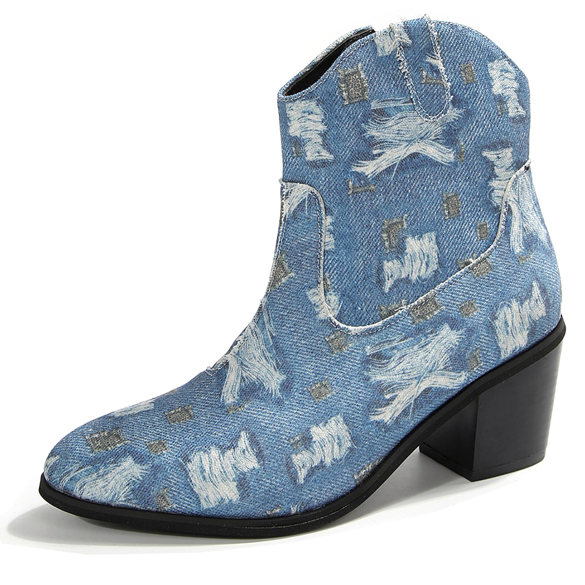 Womens Denim Chunky Heel Western Cowboy Ankle Boots With Side Zipper Retro Round Toe Block Heel Short Boots