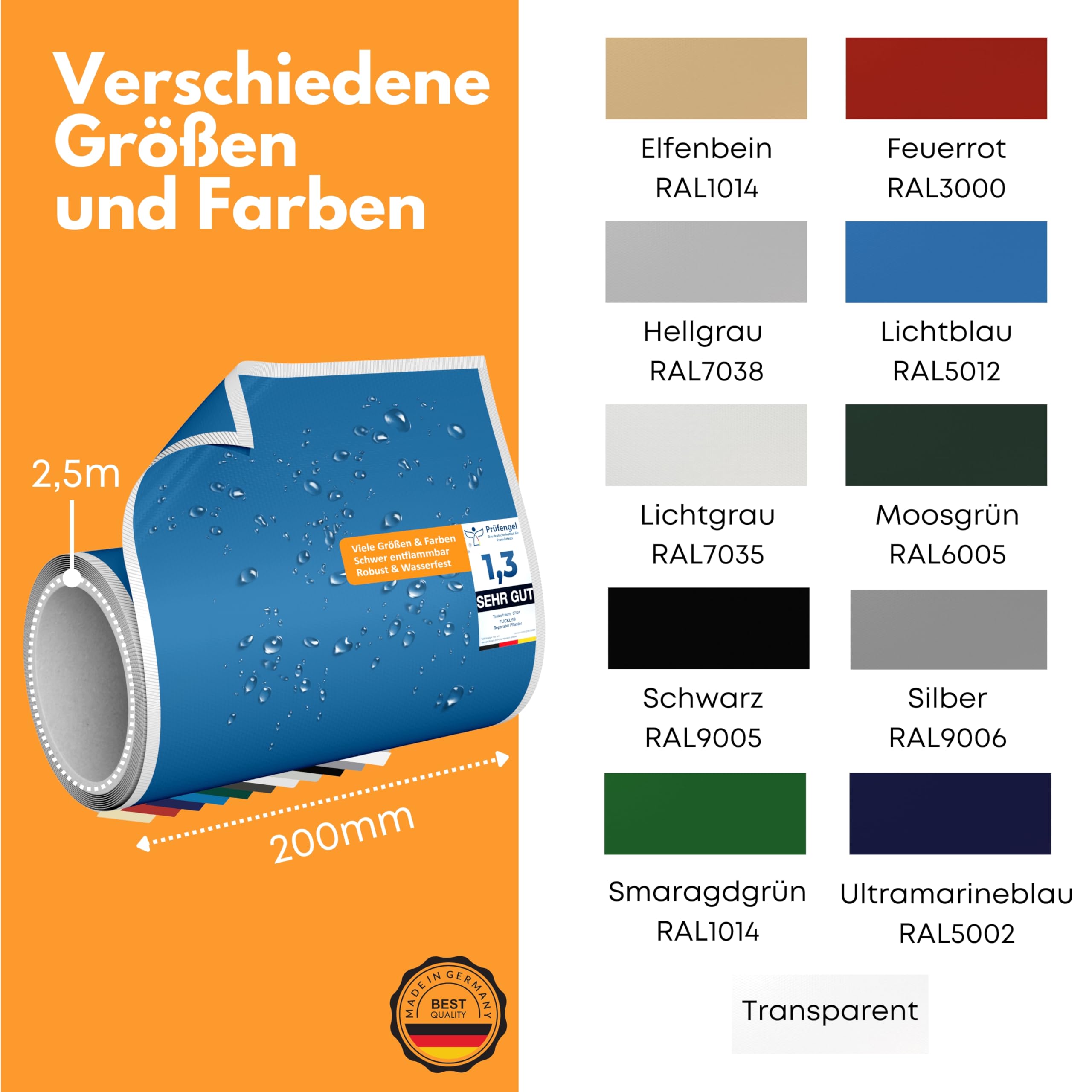 Pool Reparatur Flicken selbstklebend | robust & wasserfest | Poolfolie, Whirlpool, Luftmatratze & Wasserplane reparieren | Vorratspack | 2,5 m x 200 mm | (RAL5012) Lichtblau