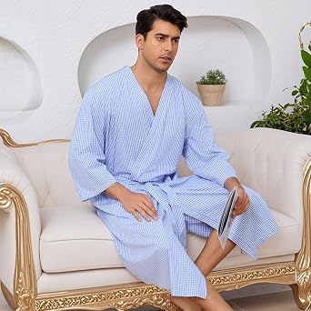 Mens Cotton Lightweight Short Sleeve Summer Bath Robe with Pockets | Soft, Breathable, Skin-Friendly for Everyday Relaxation. Belt & Belt Loops. After Shower, Spa, Hotel, Travel, Poolside.
