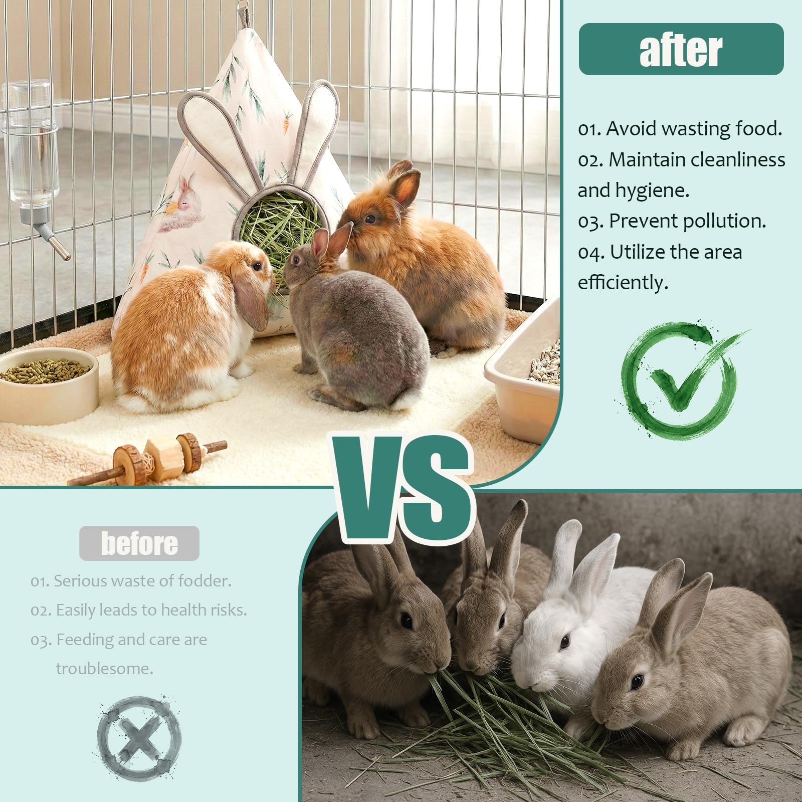 Soft Cotton Bunny Hay Feeder Bag, Cute Triangle Rabbit Hay Holder with 3D Ears, Hanging Hay Dispenser for Guinea Pigs, Chinchillas & Small Pets, Breathable & Washable Cage Accessories - image 6