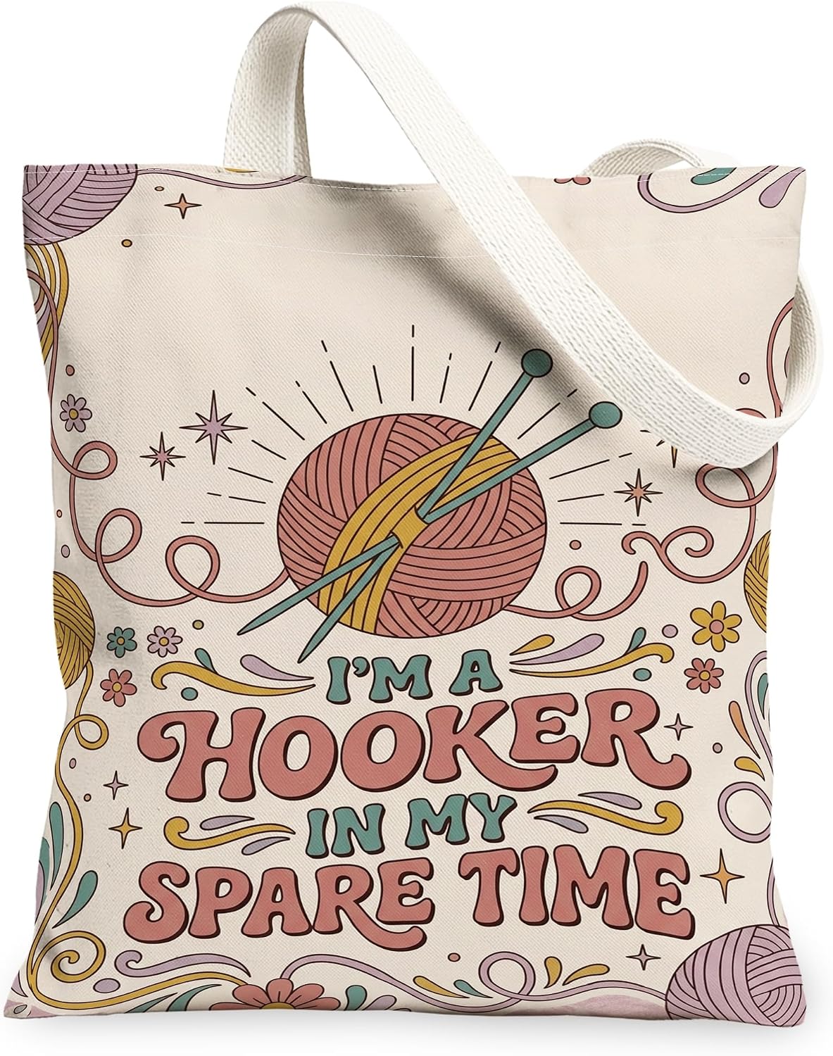 Funny Knitting Hobby Quote Yarn Ball Bohemian Canvas Tote Bag 13x15 Inch