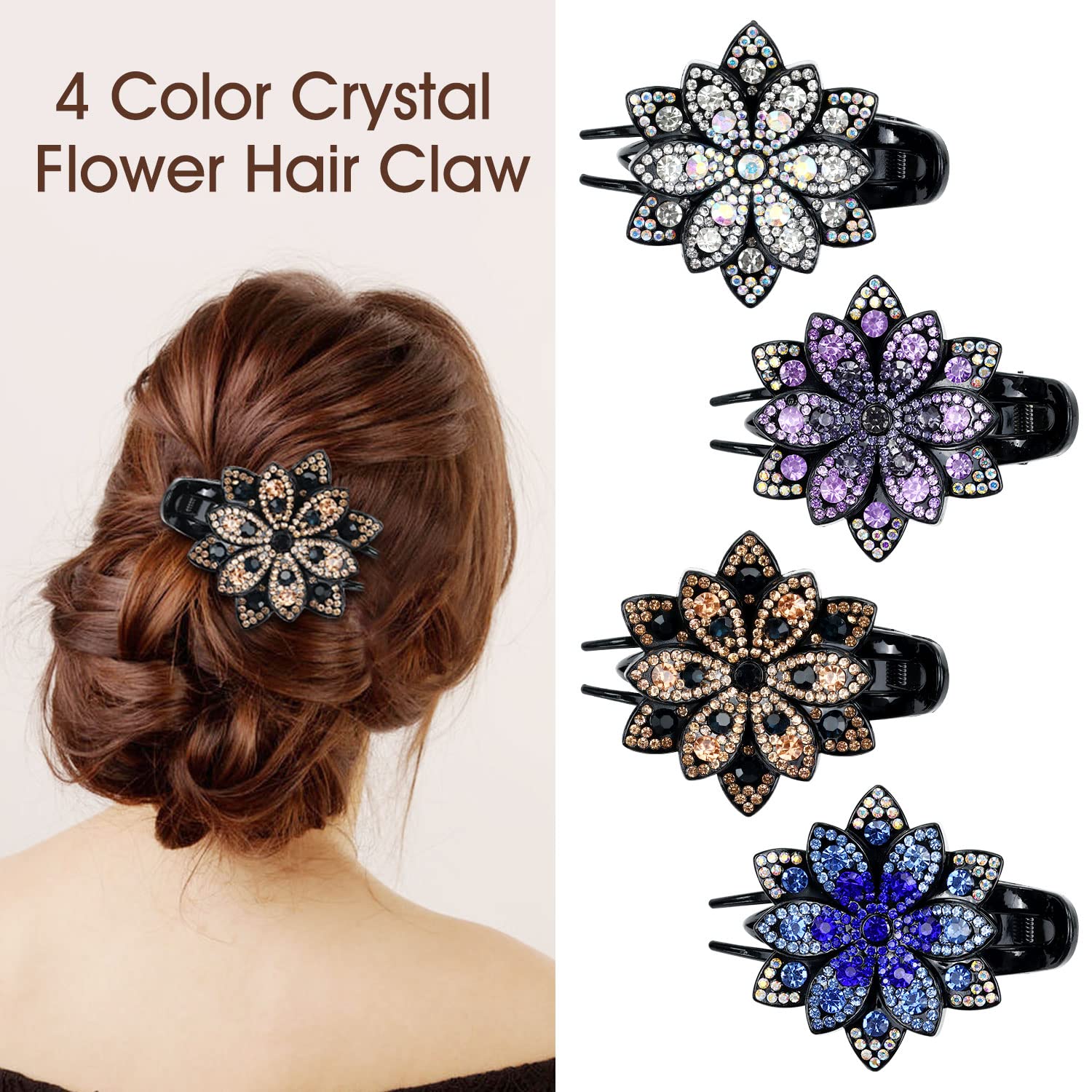 inSowni Paquete de 4 pinzas para el cabello con cristales brillantes con purpurina de lujo, pinzas para el cabello, horquillas coreanas, accesorios para el cabello para mujeres y niñas