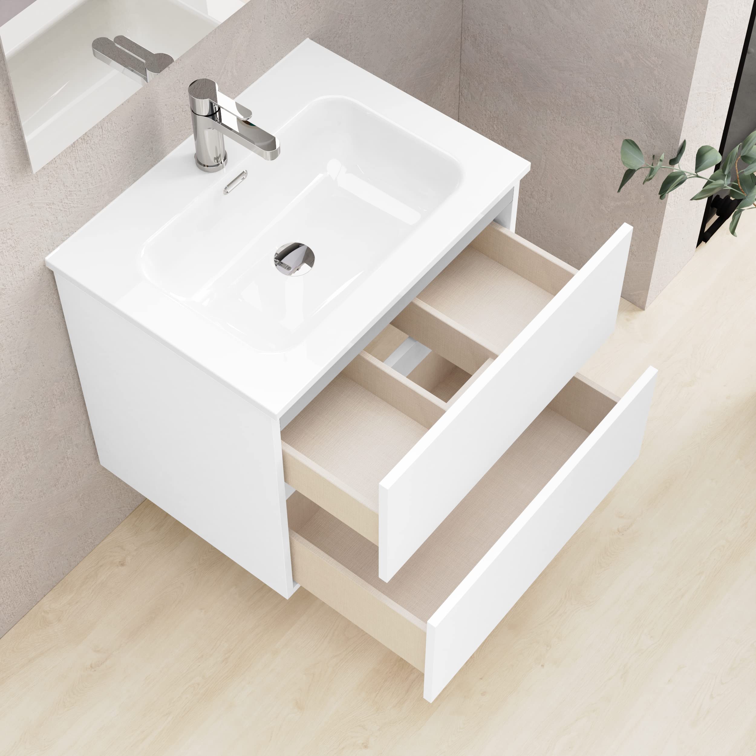 Baikal Bagno Onyx, 2 cassetti, sospeso a Parete, con lavabo in Ceramica. Mobile Montato, Melamina 16, 69, Bianco, 60 cm
