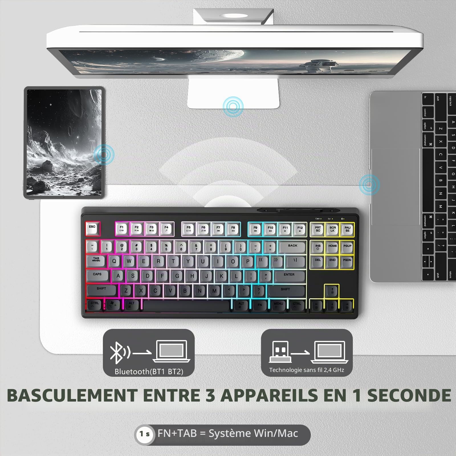 ATTACK SHARK X FREEWOLF M87 Clavier de Jeu à Membrane sans Fil 80%, TKL RVB, Sa PBT Keycaps, Clavier Bluetooth 5.0/2,4 Ghz Double Mode, QWERTY, 4000mAh, Mac/Win, Bureau/Jeu Silencieux – Dégradé Noir